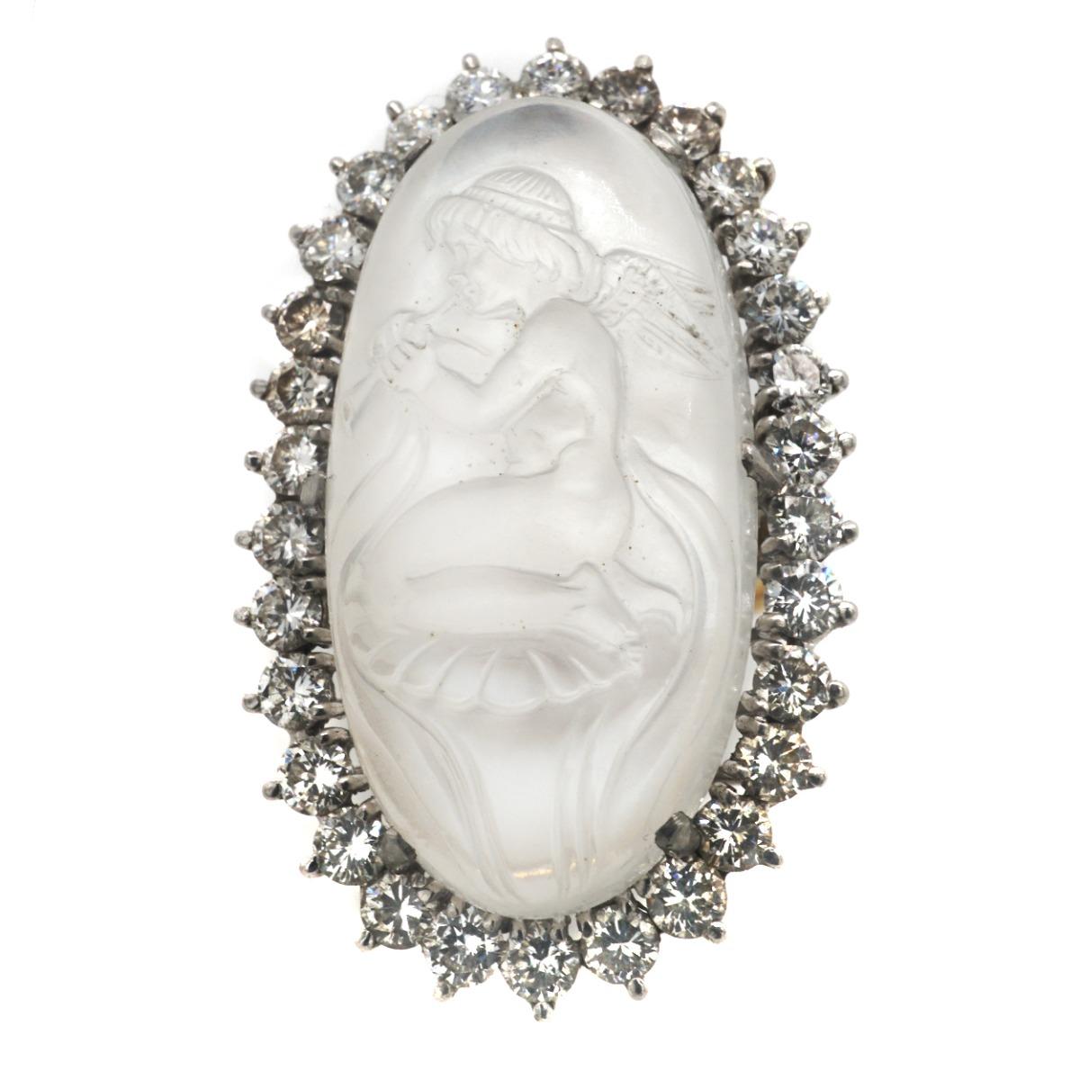 Moonstone Cameo Diamond Platinum and Gold Ring In Excellent Condition For Sale In New York, NY