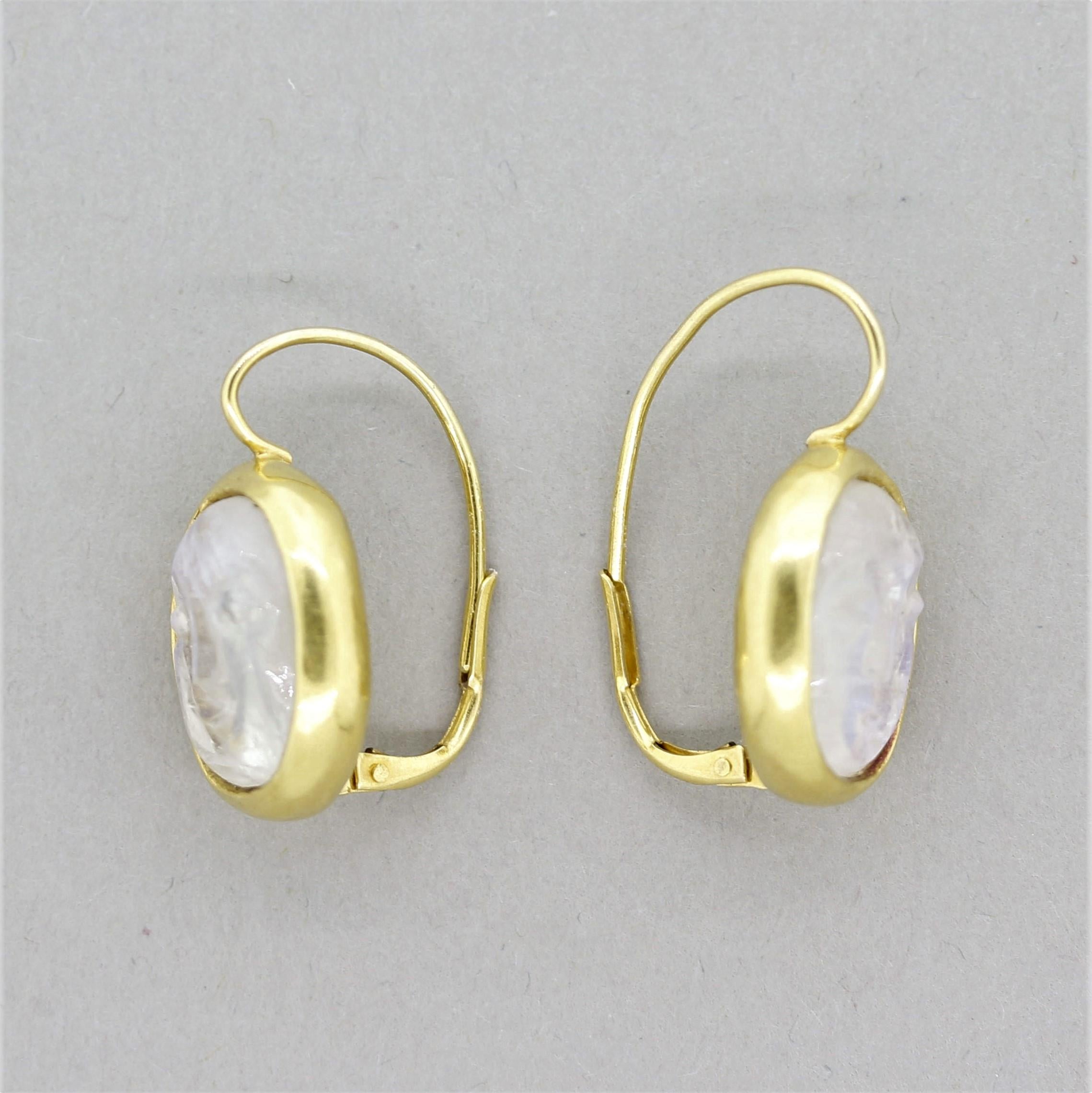 Oval Cut Moonstone Cameo Gold Earrings For Sale