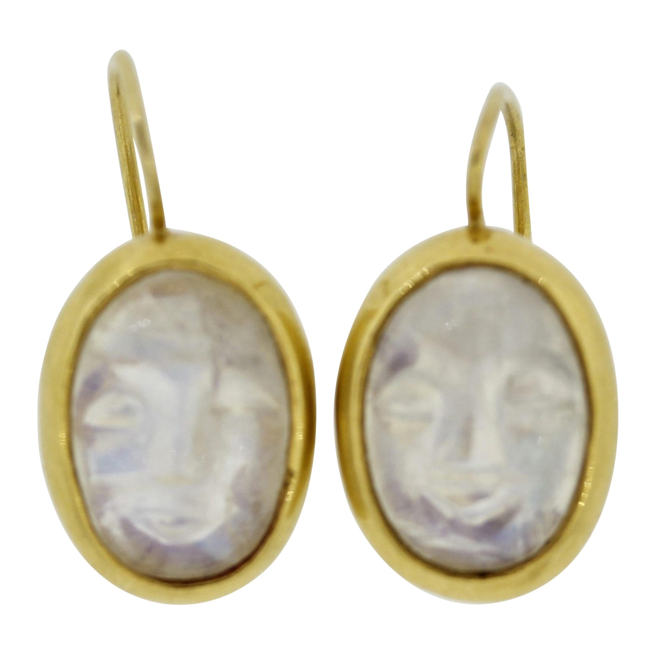 Moonstone Cameo Gold Earrings For Sale