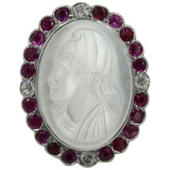 Moonstone Cameo Platinum Ruby Diamond Ring Youth in Phrygian Cap Freedom Liberty