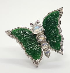 Moonstone, Carve Jade, Cabochon Ruby, Diamond Butterfly Rings in 18K White Gold