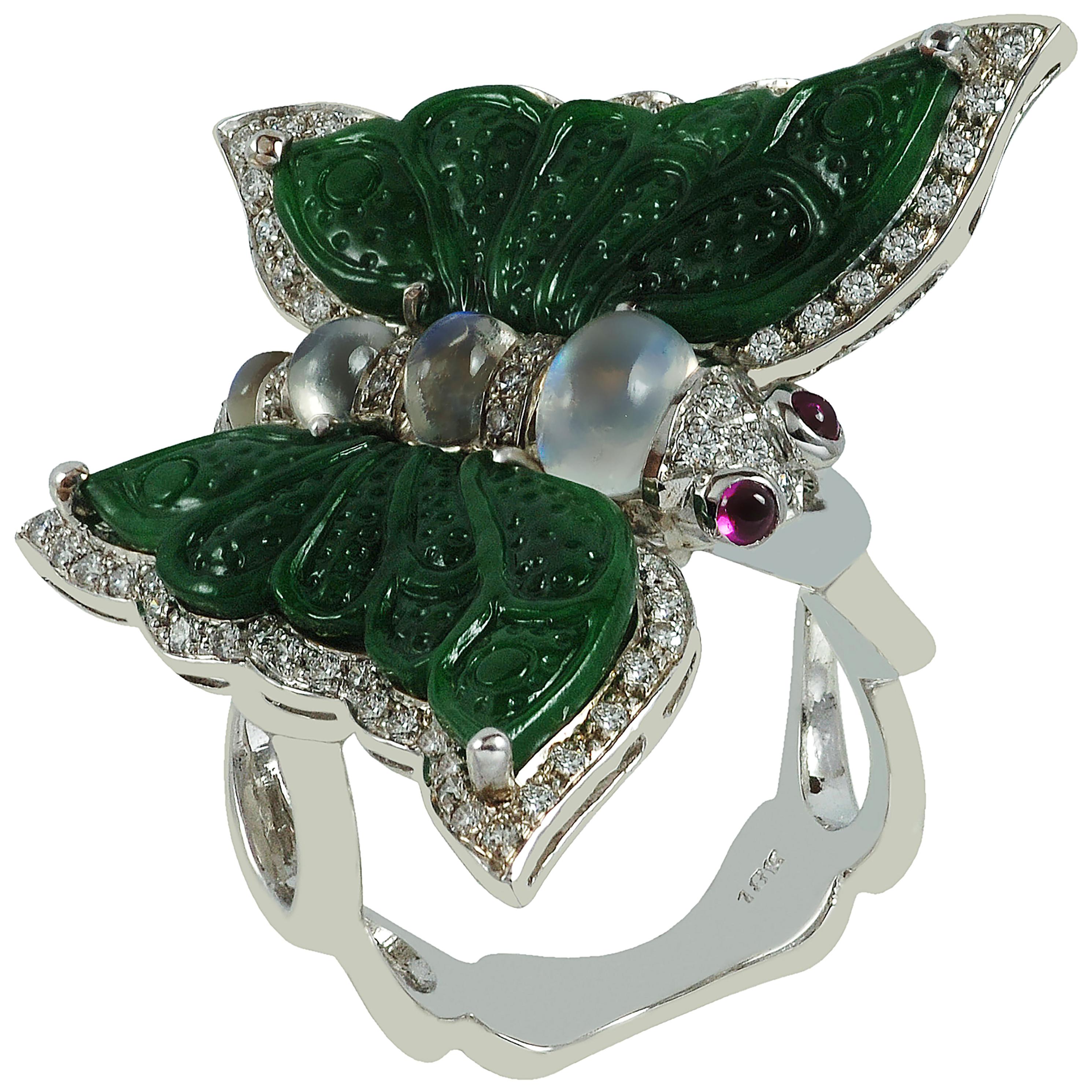 Moonstone, Carve Jade, Cabochon Ruby, Diamond Butterfly Rings in 18K White Gold  For Sale