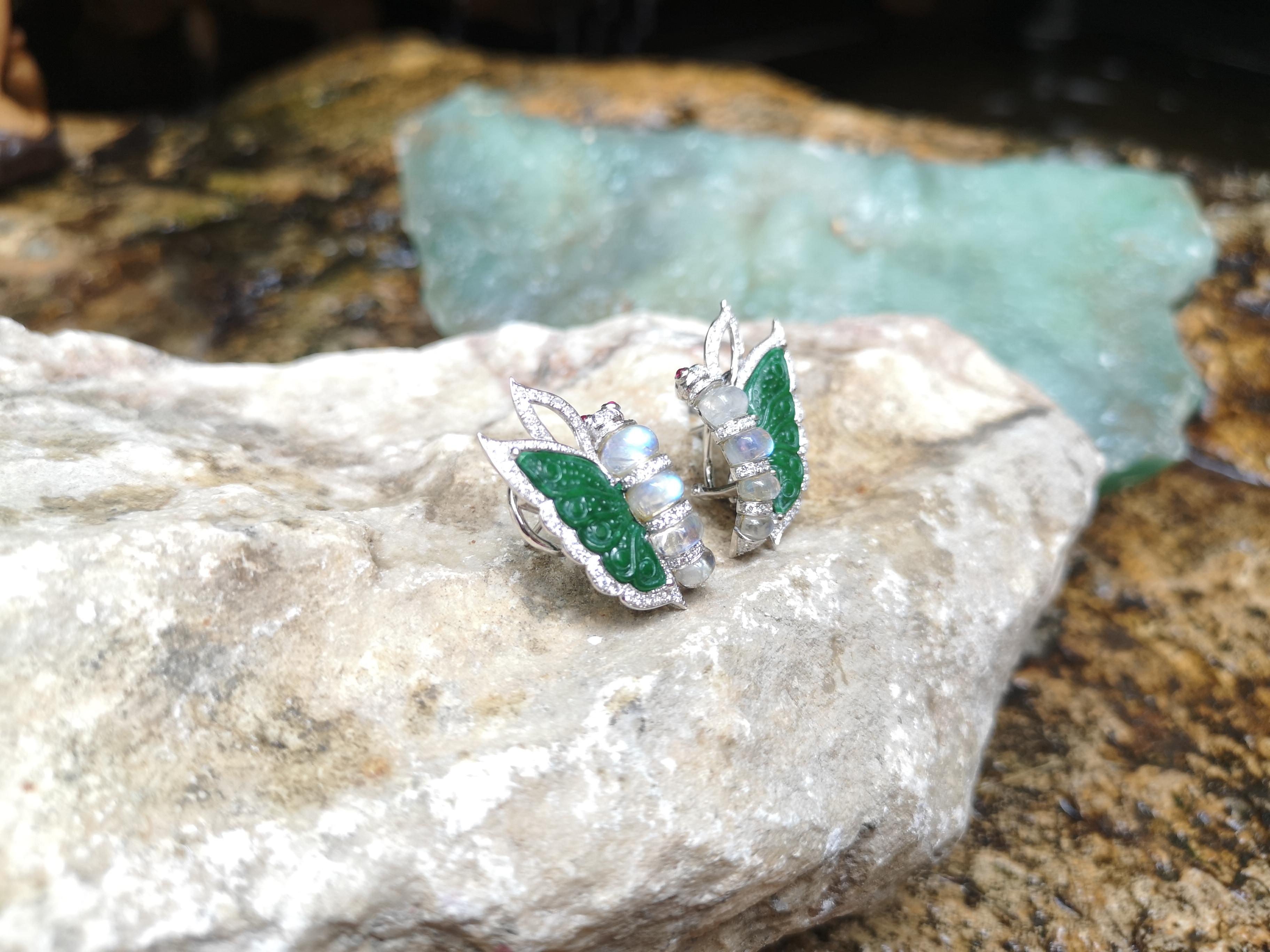 Moonstone, Carve Jade, Ruby, Diamond Butterfly Earrings in 18k White Gold For Sale 1