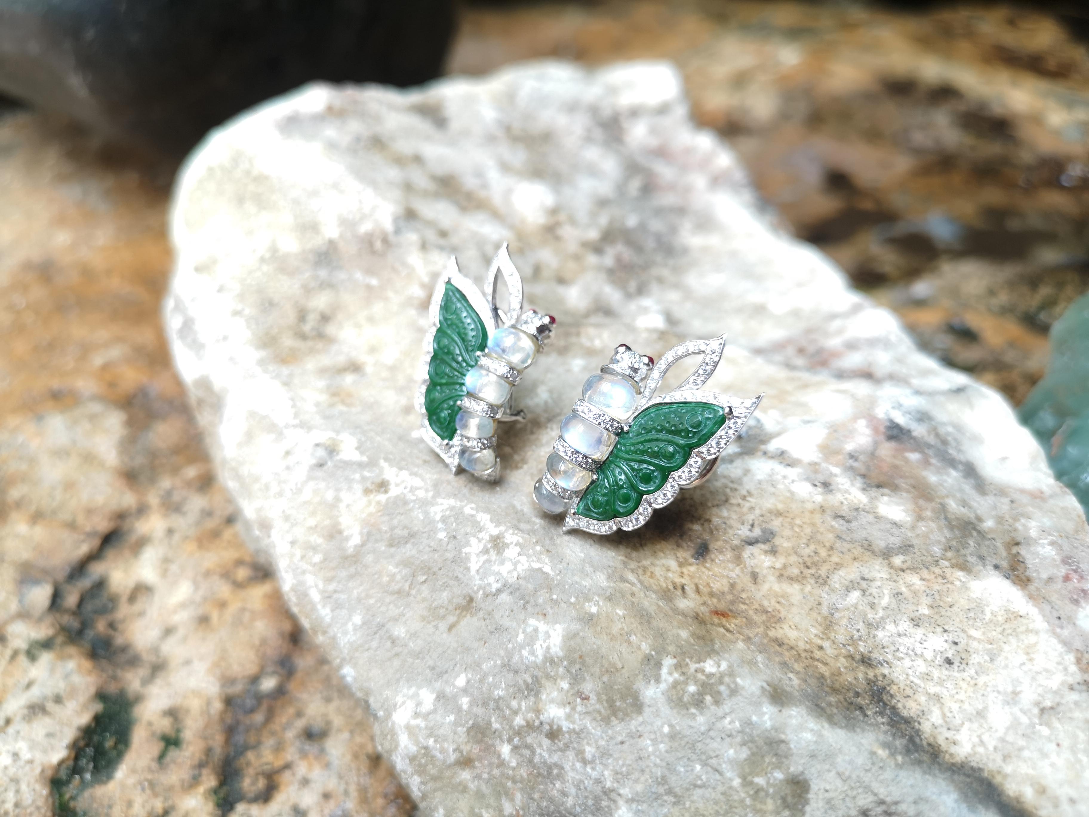 Moonstone, Carve Jade, Ruby, Diamond Butterfly Earrings in 18k White Gold For Sale 2