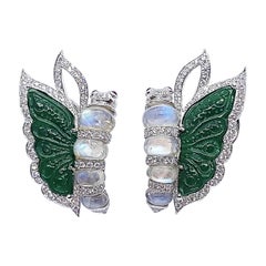 Moonstone, Carve Jade, Ruby, Diamond Butterfly Earrings in 18k White Gold
