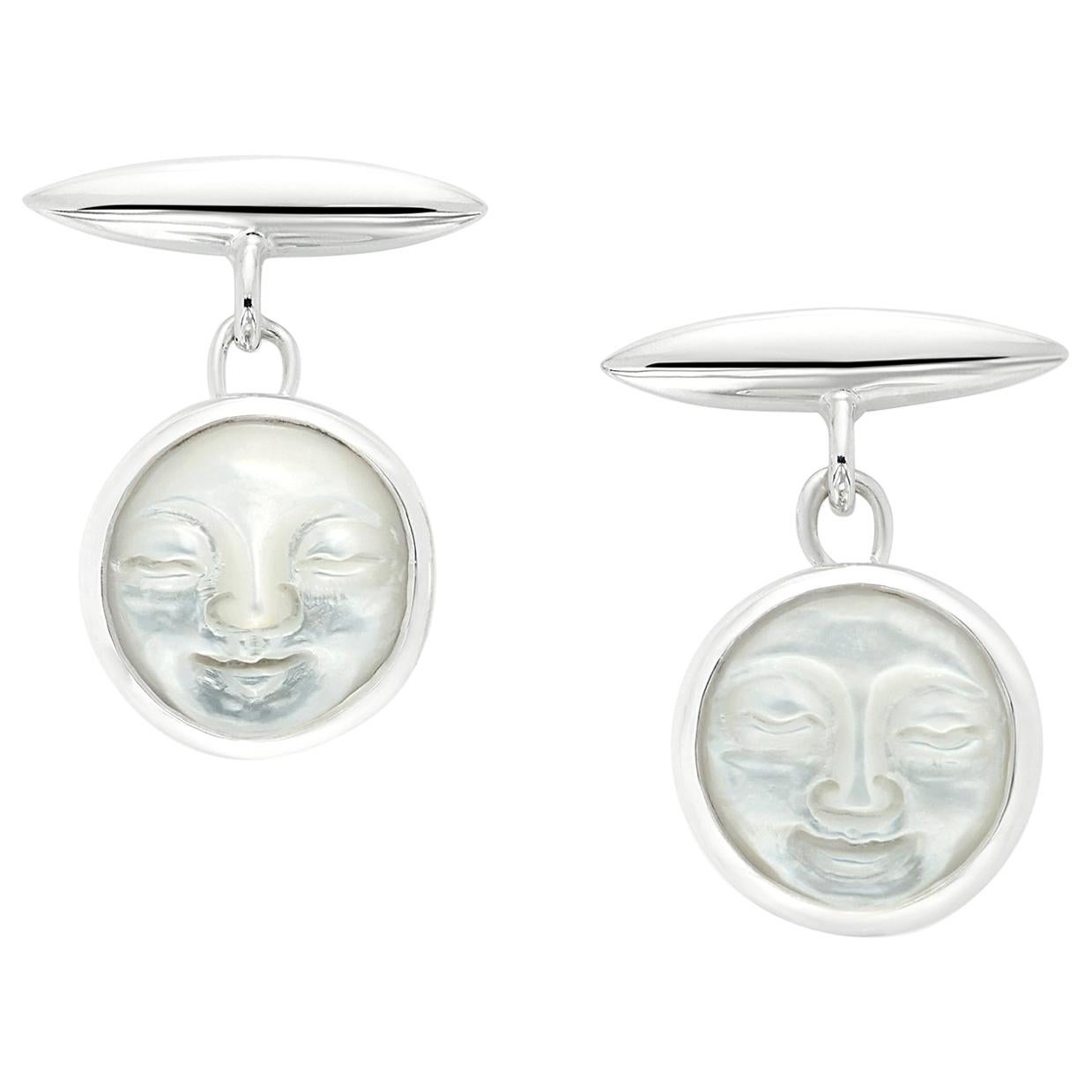 Mother Of Pearl, Moon Face Sterling Silver Cufflinks With Chain Links