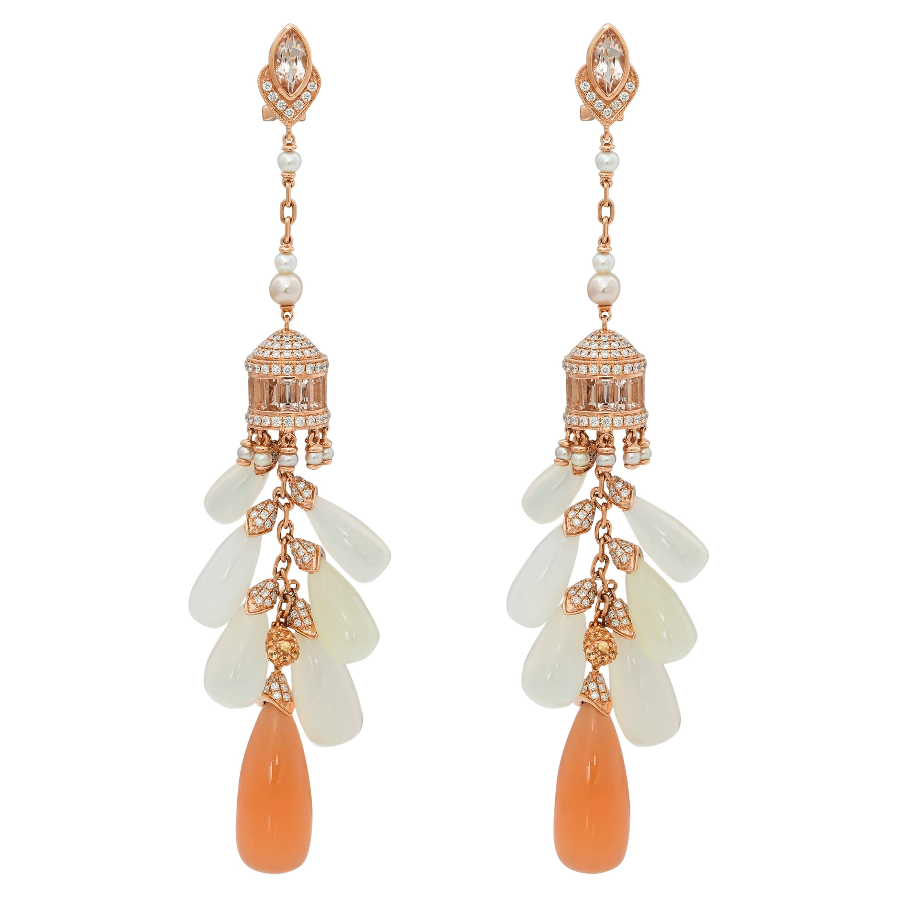 Moonstone Chandelier Earrings in 18 Karat Rose Gold with Diamonds and Color Gems