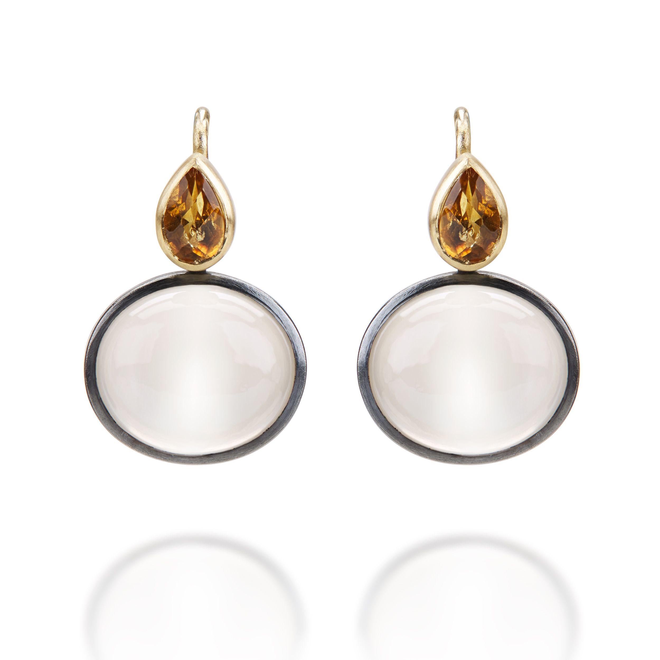 Contemporary Moonstone, Citrine, 18K Gold and Oxidised Sterling Silver Drop Pierced Earrings For Sale