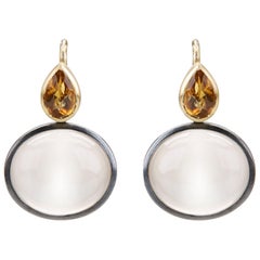 Moonstone, Citrine, 18K Gold and Oxidised Sterling Silver Drop Pierced Earrings