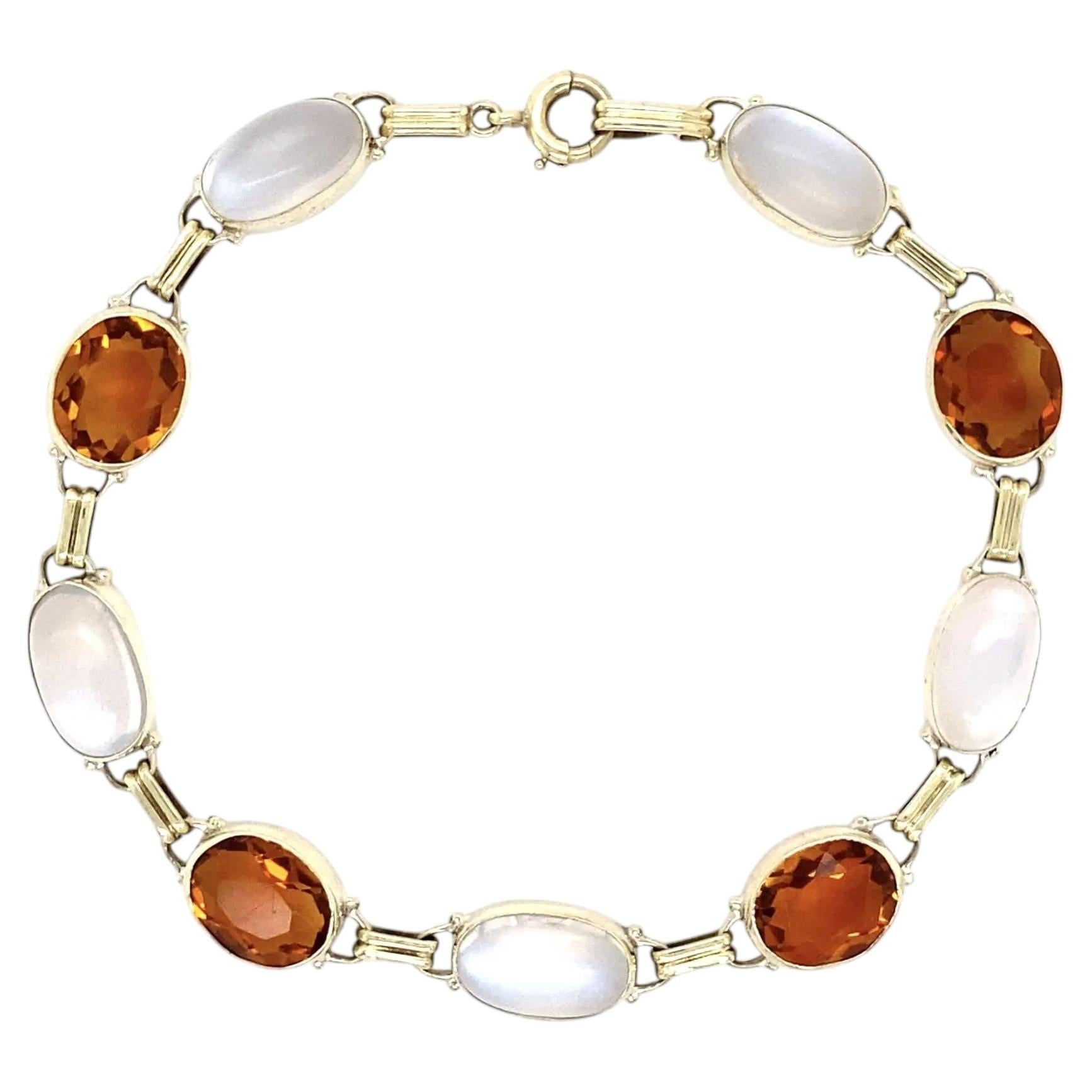 Moonstone & Citrine Gold Alternating Vintage Retro Bracelet Estate Fine Jewelry For Sale