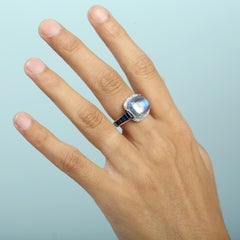 Moonstone Cocktail Ring With Ceylon Blue Sapphire & Pave Diamonds In 14k Gold