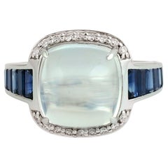 Mondstein-Cocktailring mit blauem Ceylon-Saphir & Pave-Diamanten in 14k Gold