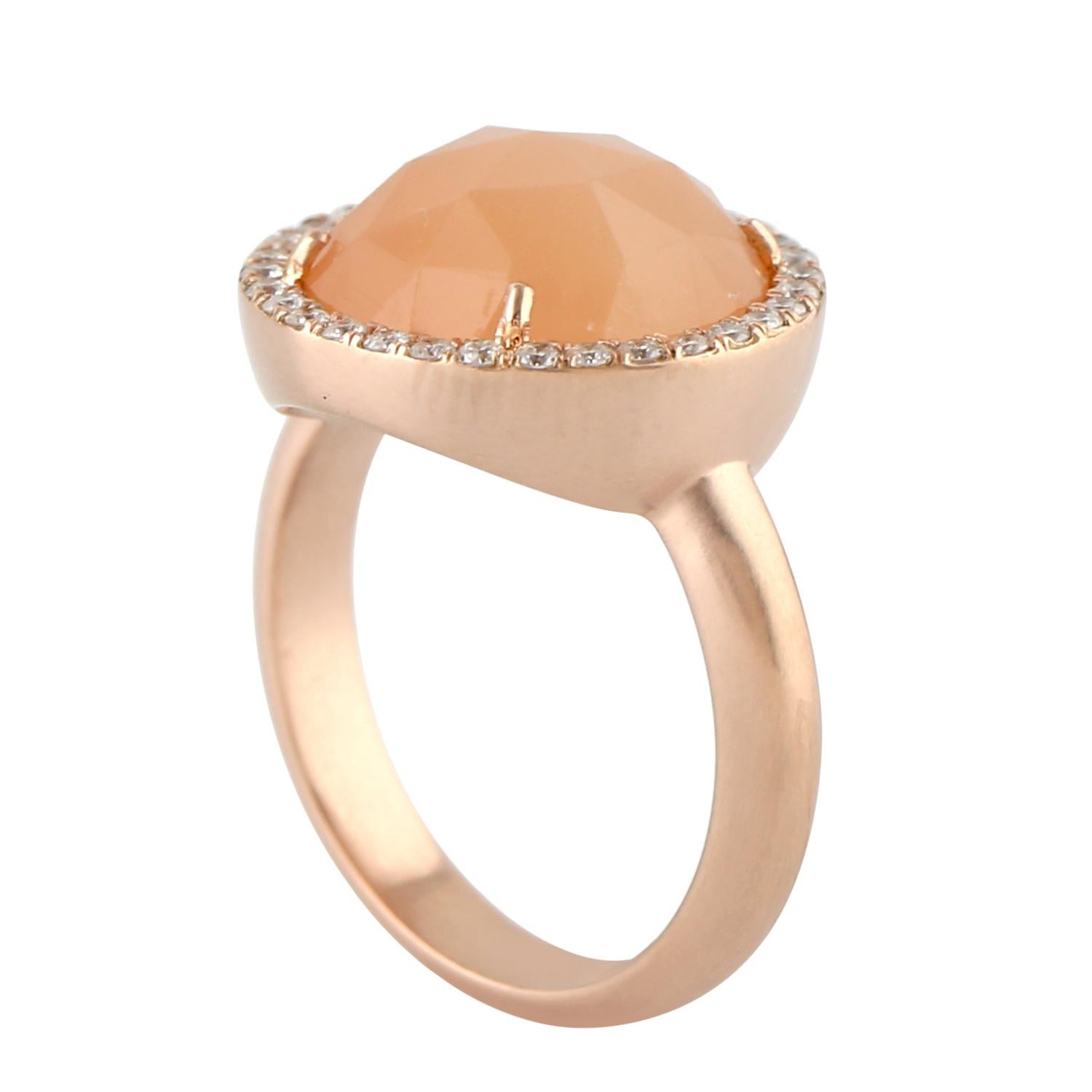 Artisan Moonstone Cocktail Ring With Pave Diamonds Made in 18k Rose Gold For Sale