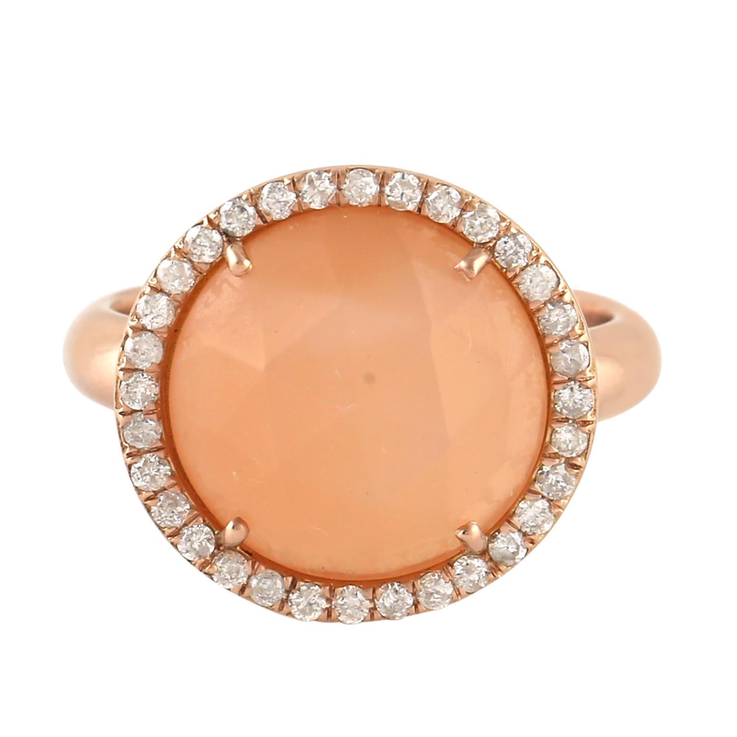 Mixed Cut Moonstone Cocktail Ring With Pave Diamonds Made in 18k Rose Gold For Sale