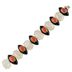 Moonstone, Coral and Black Onyx Gold Bracelet Tony Duquette Fine Jewelry