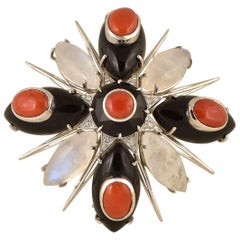 Moonstone, Coral and Black Onyx Gold Brooch Pin Tony Duquette Fine Jewelry