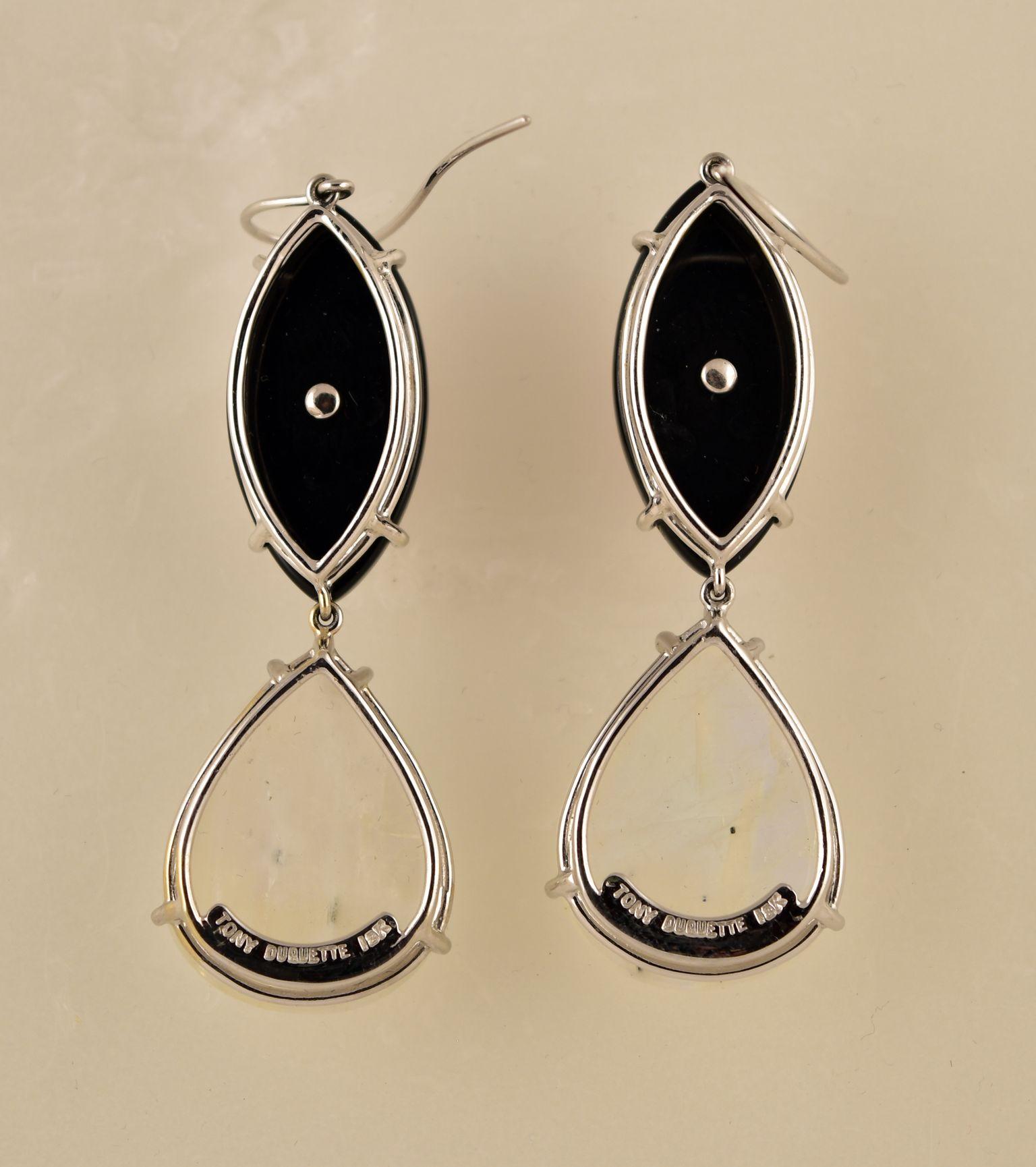 Simply Beautiful! Elegant and Finely detailed Moonstone (app. 68 total Carat weight), Coral (app. 56.8 total Carat weight), Black Onyx (app. 45 total Carat weight) Statement Earrings. Hand crafted in 18k white Gold; Signed: TONY DUQUETTE 18K;