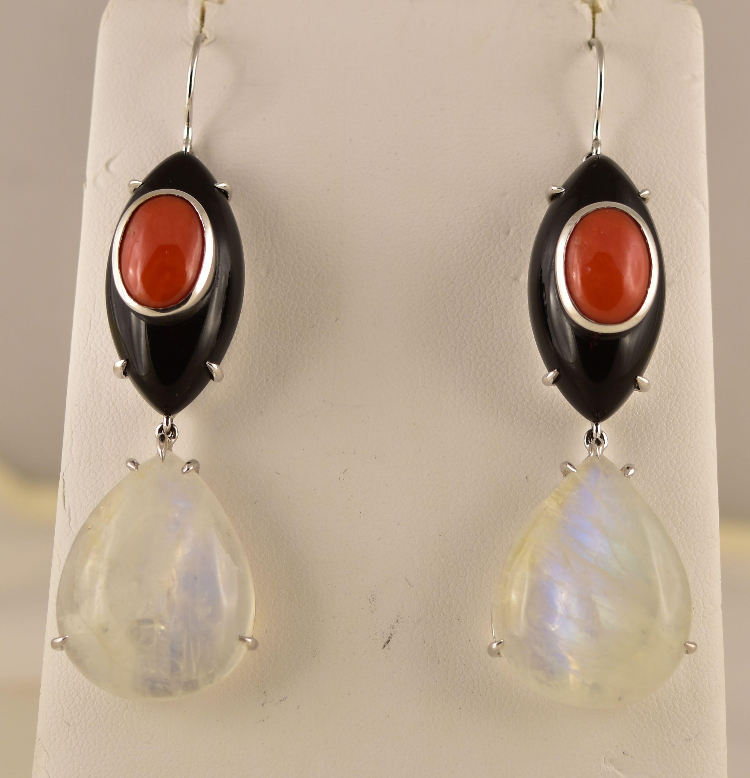 Contemporary Moonstone, Coral and Black Onyx Gold Earrings Tony Duquette Fine Jewelry