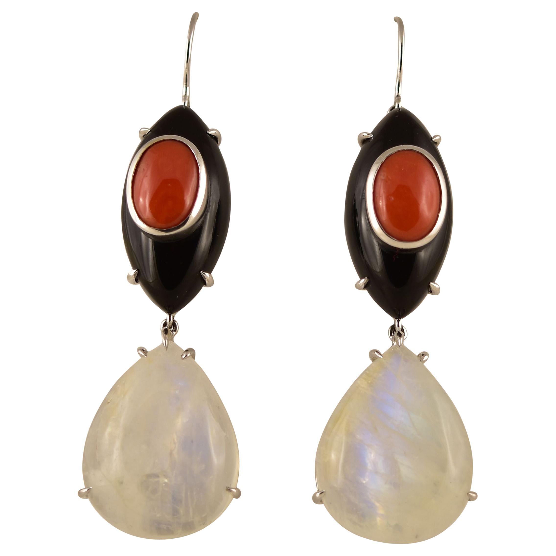 Moonstone, Coral and Black Onyx Gold Earrings Tony Duquette Fine Jewelry