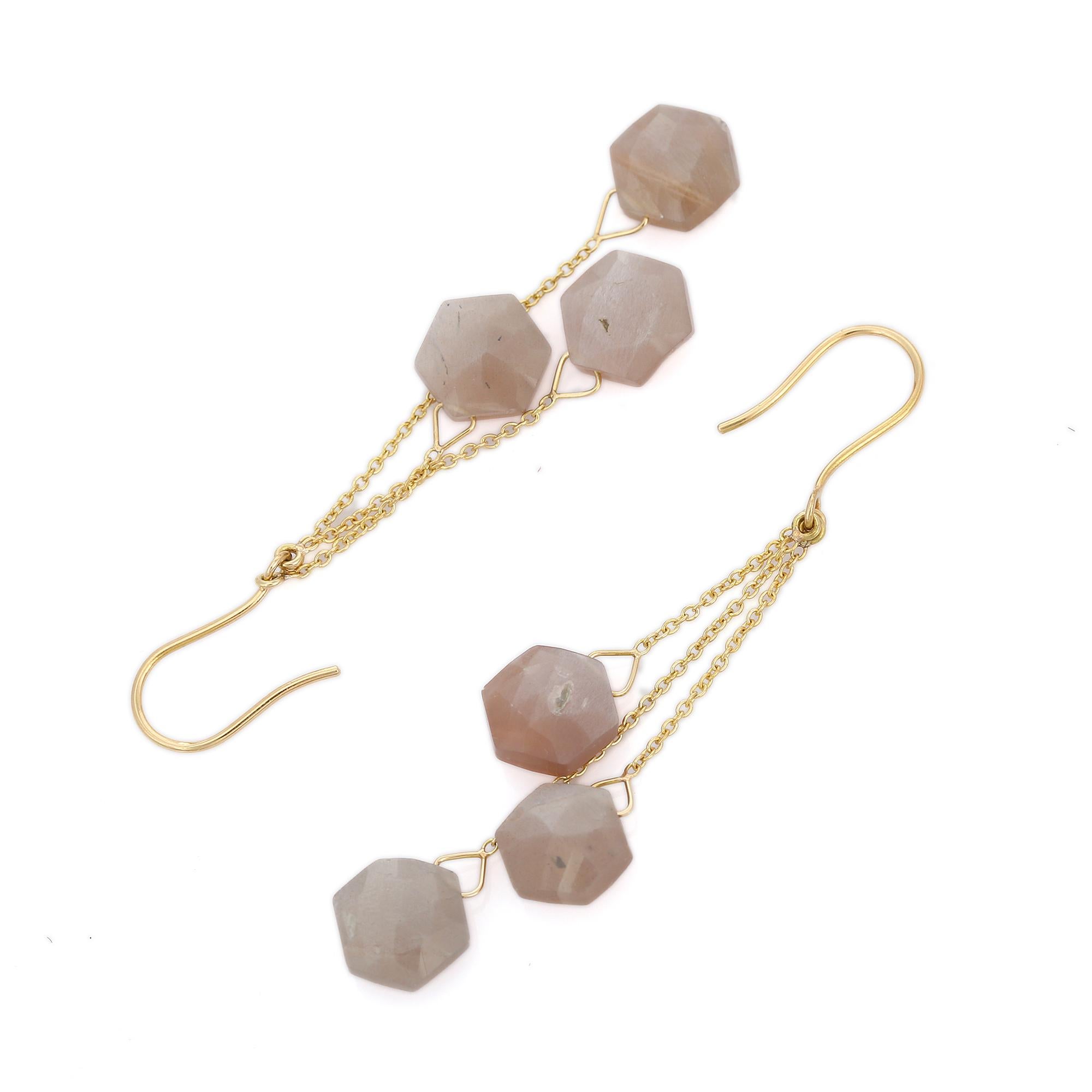 Moonstone Dangle earrings to make a statement with your look. These earrings create a sparkling, luxurious look featuring hexagon cut gemstone.
If you love to gravitate towards unique styles, this piece of jewelry is perfect for you.

PRODUCT