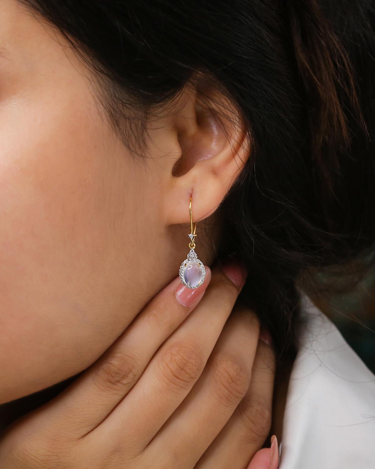 Art Deco Moonstone Dangle Earrings with Diamond in 14k Gold For Sale
