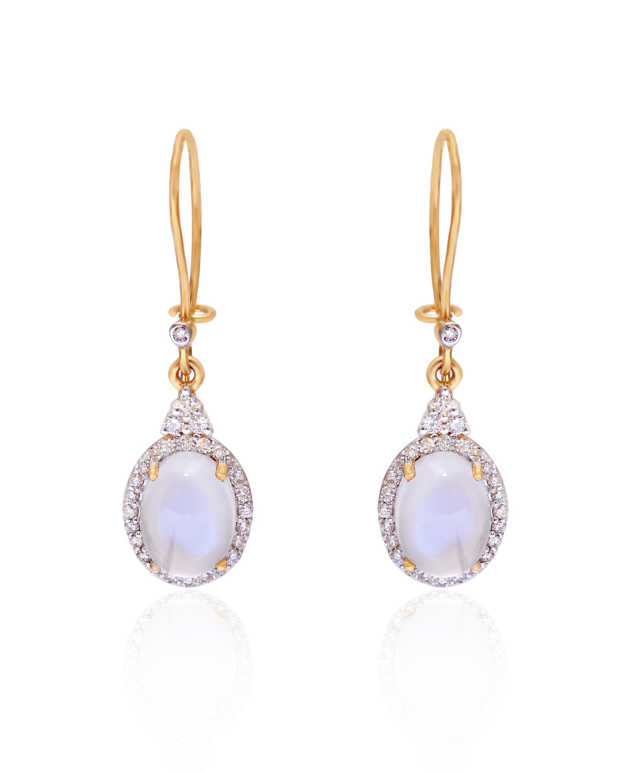 Women's or Men's Moonstone Dangle Earrings with Diamond in 14k Gold For Sale