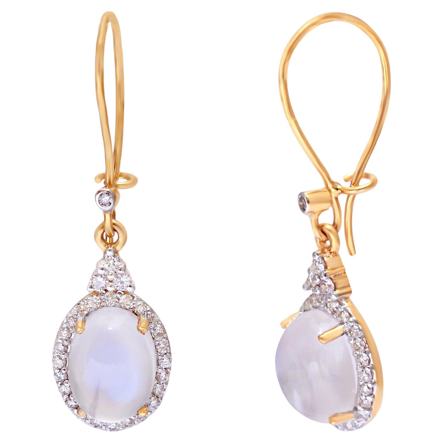 Moonstone Dangle Earrings with Diamond in 14k Gold For Sale