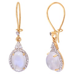 Moonstone Dangle Earrings with Diamond in 14k Gold