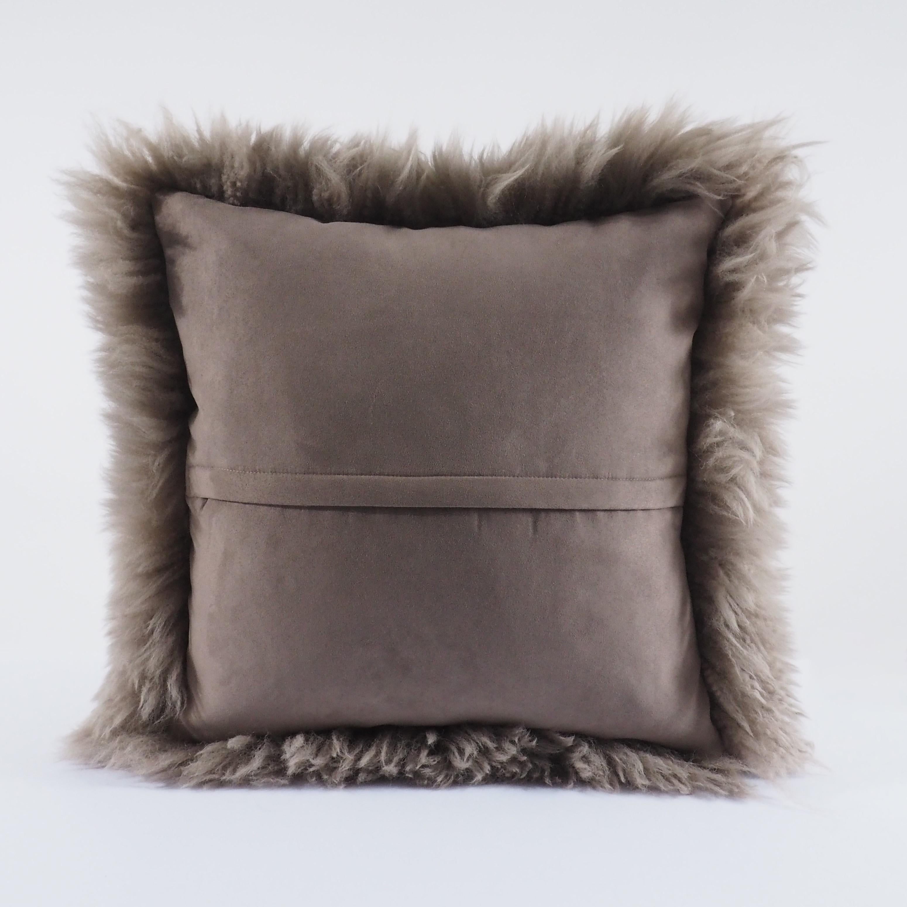 Italian Moonstone Dark Cachà Shearling Sheepskin Pillow Fluffy Cushion by Muchi Decor For Sale