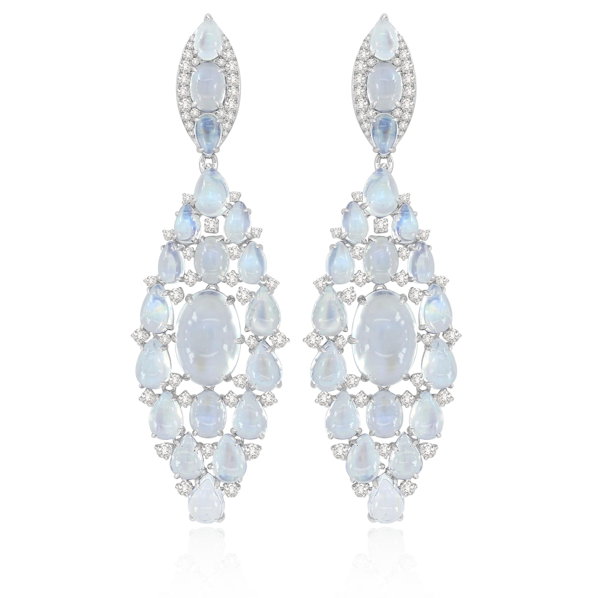 Modern Moonstone Diamond 18 Karat White Gold Earrings