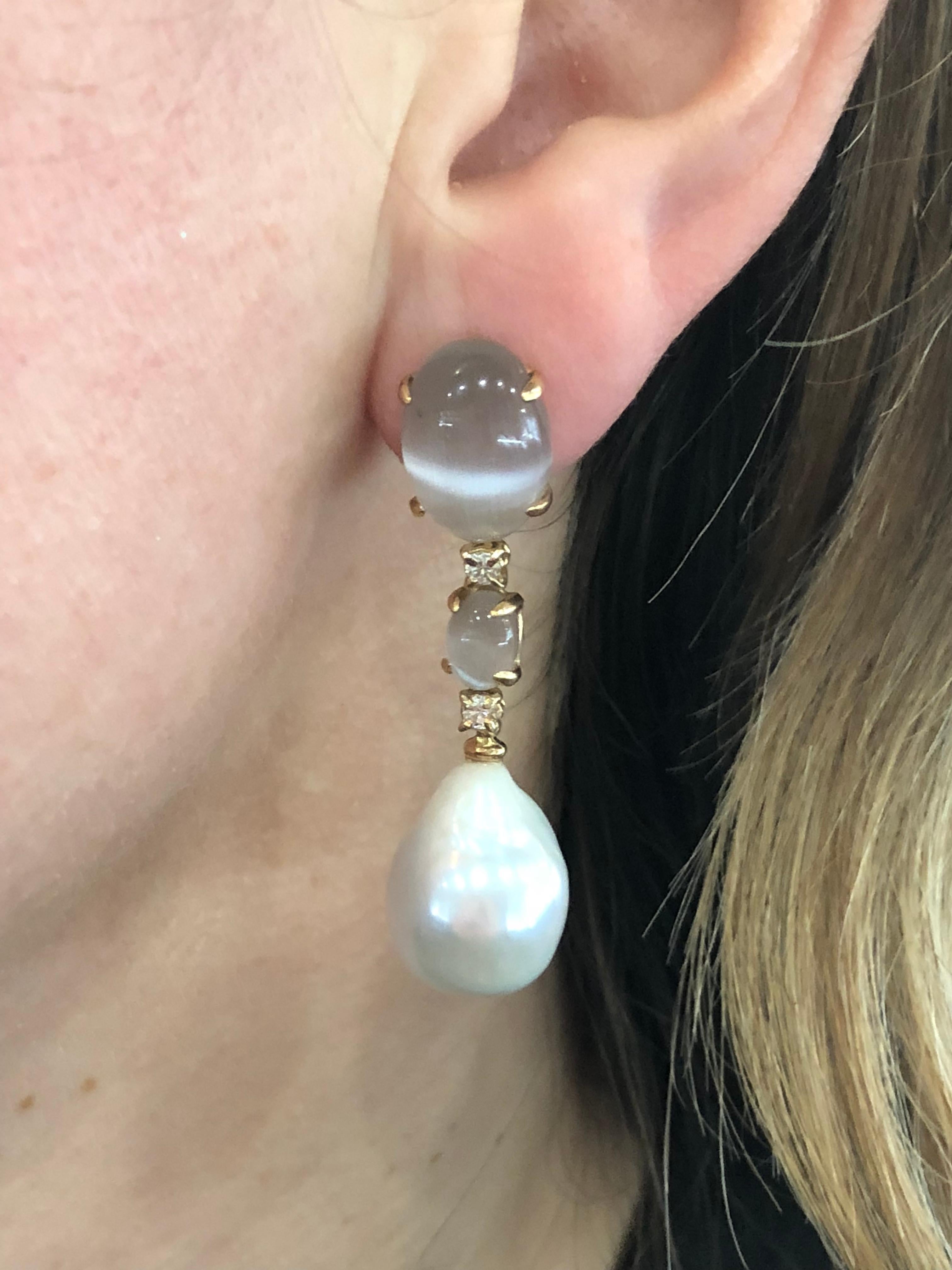 Moonstone, Diamond and Baroque Pearl Drop Rose Gold Earrings In New Condition In Greenwich, CT
