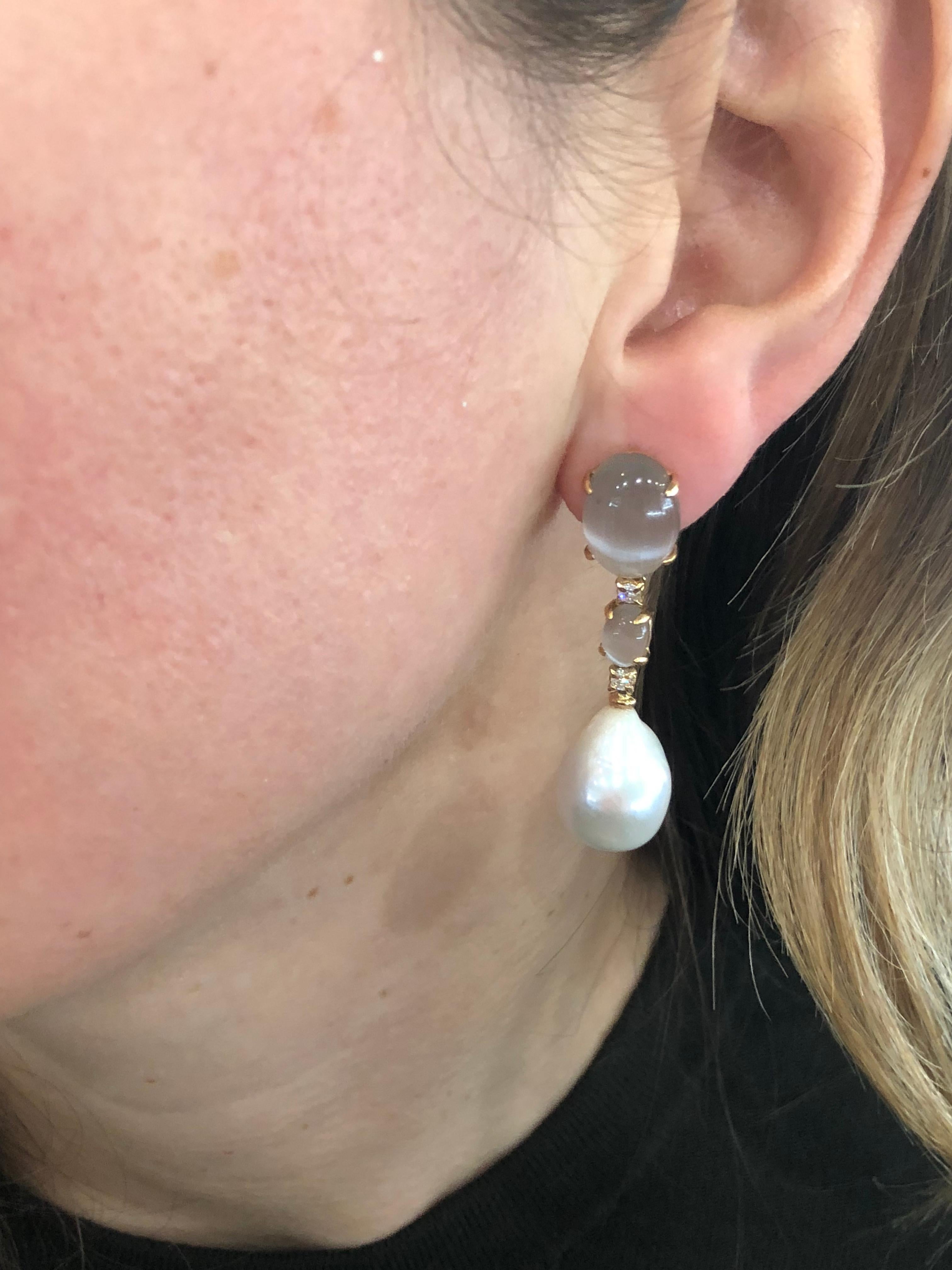 Women's Moonstone, Diamond and Baroque Pearl Drop Rose Gold Earrings