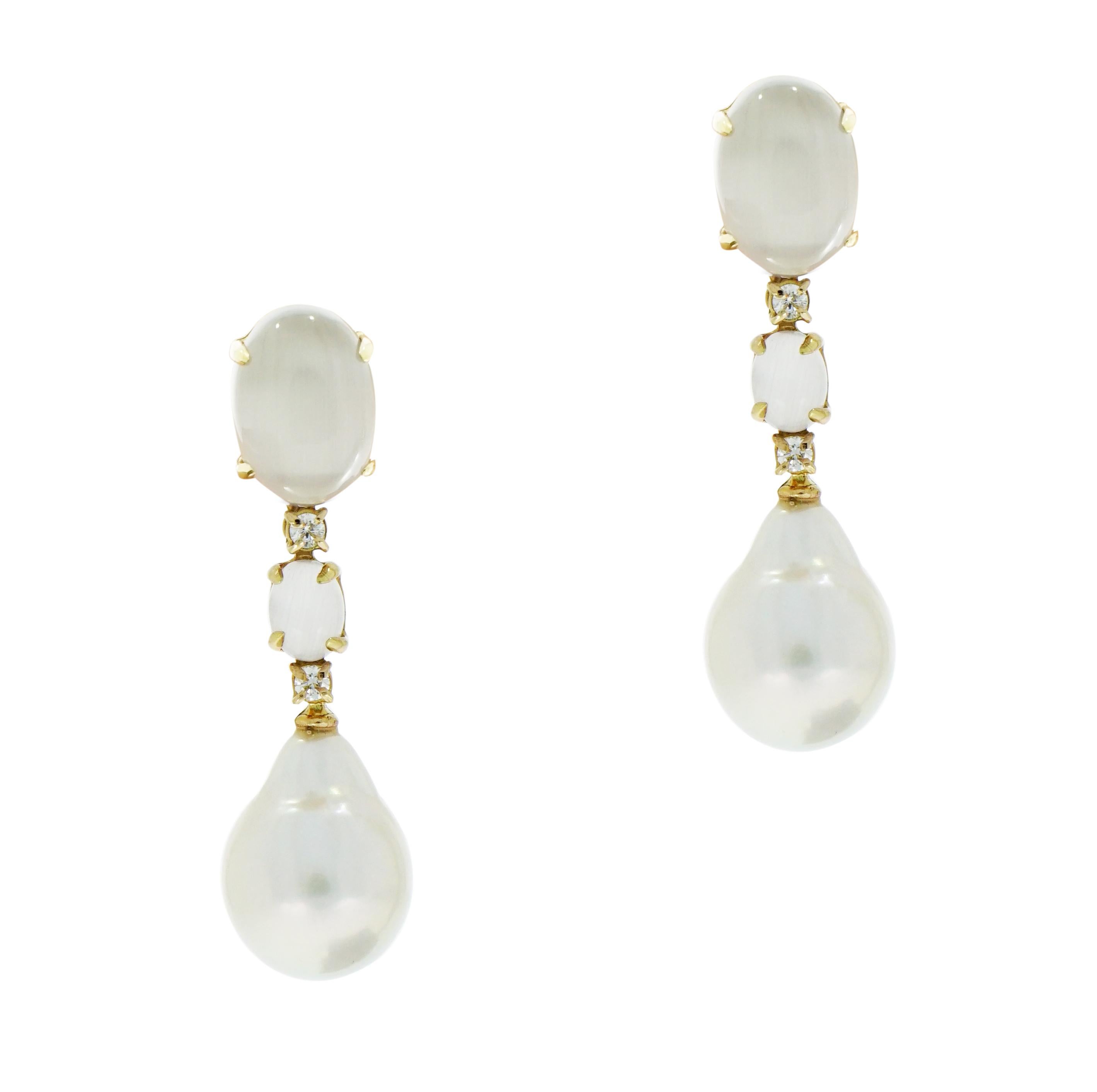 Moonstone, Diamond and Baroque Pearl Drop Rose Gold Earrings