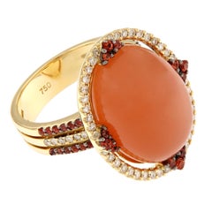 Mandarin Moonstone, Diamond and Orange Sapphire 18 Karat Yellow Gold Ring