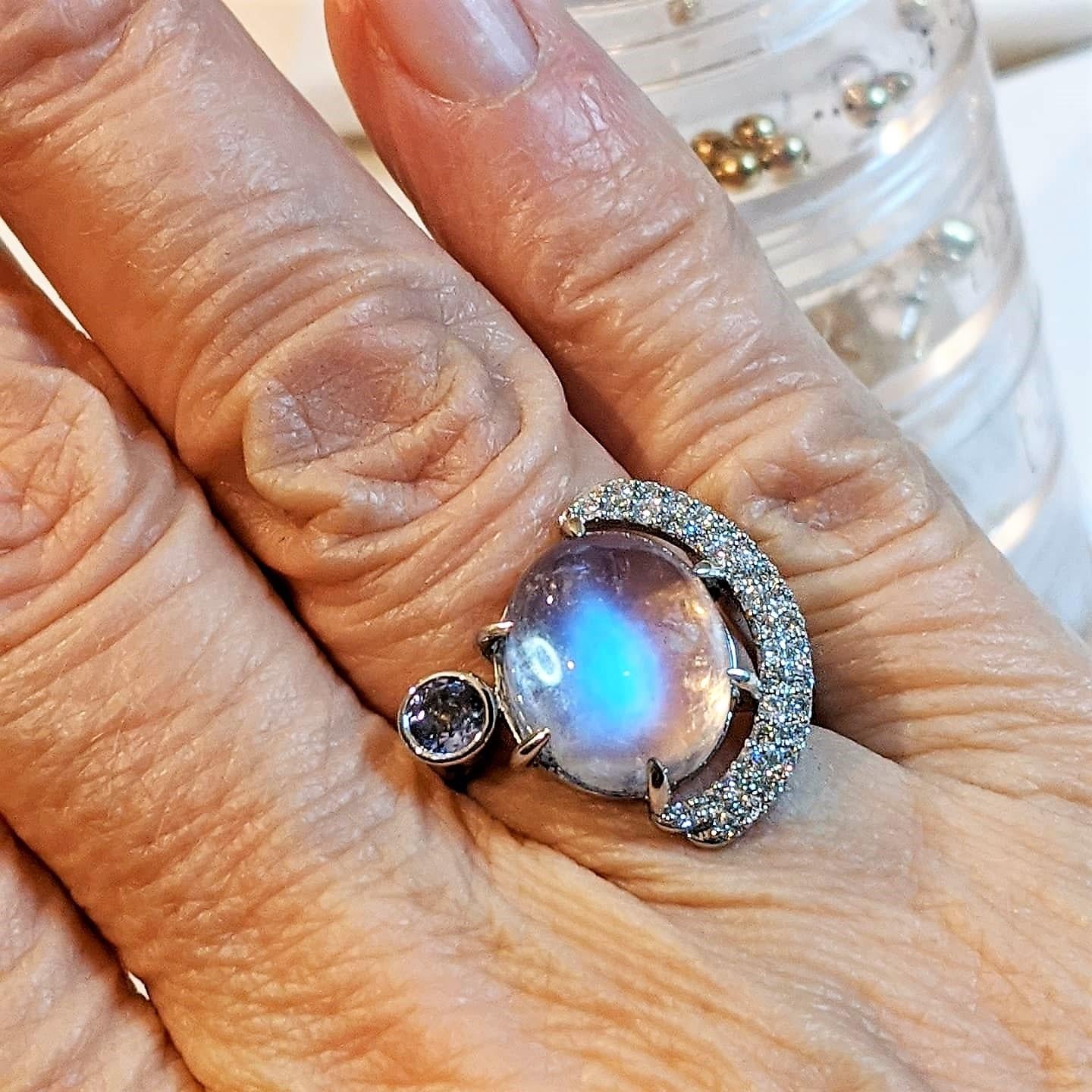 Oval Cut Moonstone, Diamond and Tanzanite Eclipse Cocktail Ring