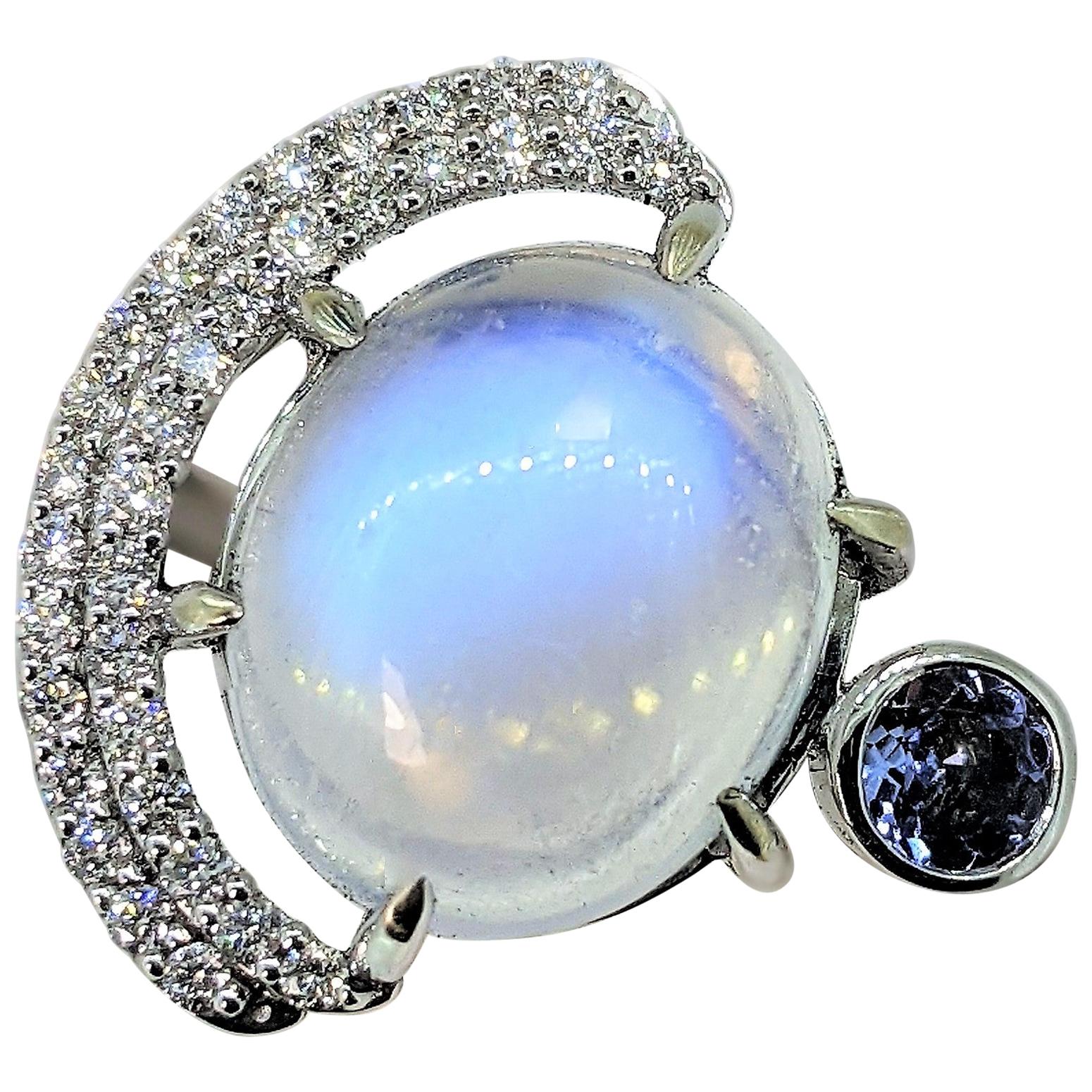 Moonstone, Diamond and Tanzanite Eclipse Cocktail Ring
