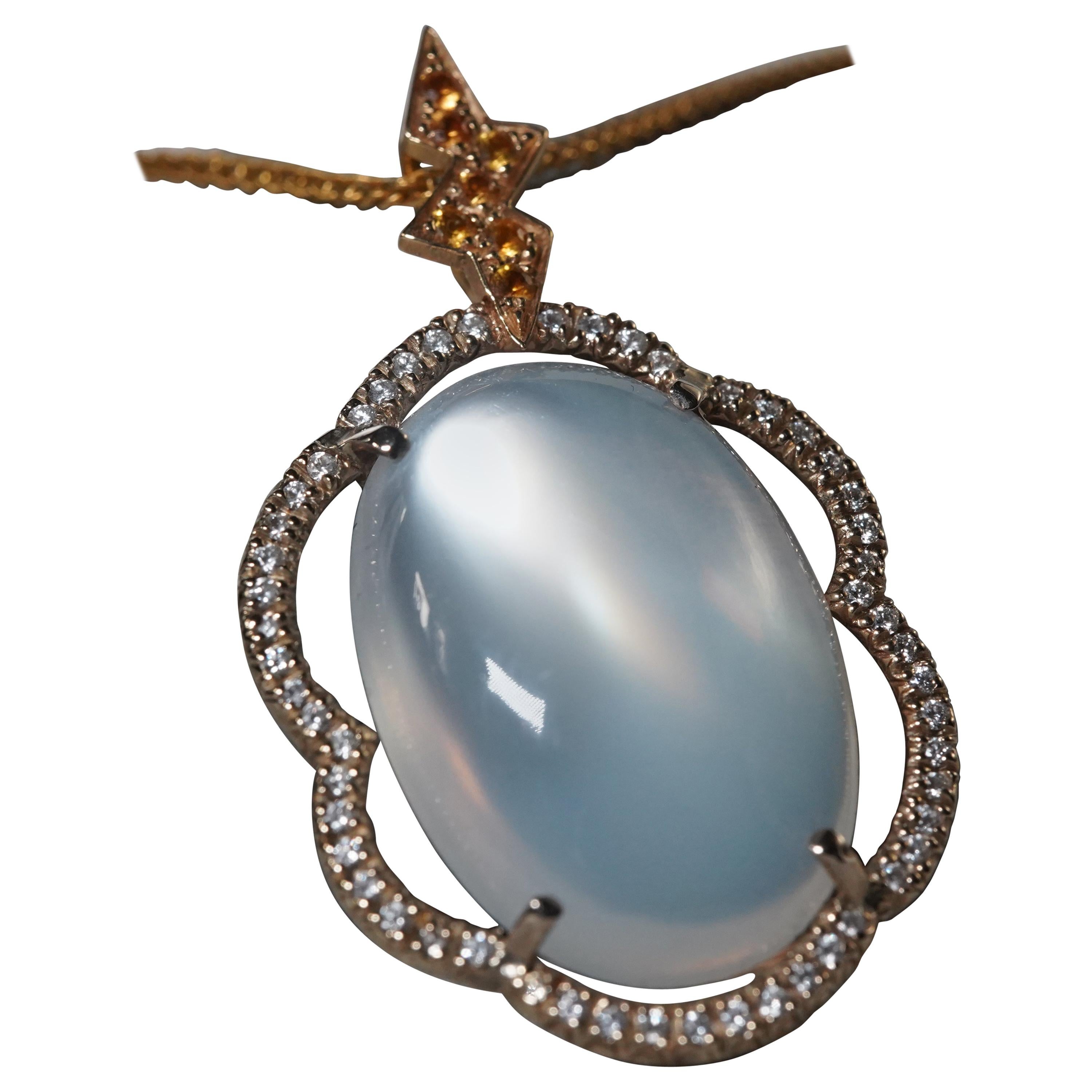 Moonstone, Diamond and Yellow Sapphire Pendant and A 18K Yellow Gold Chain