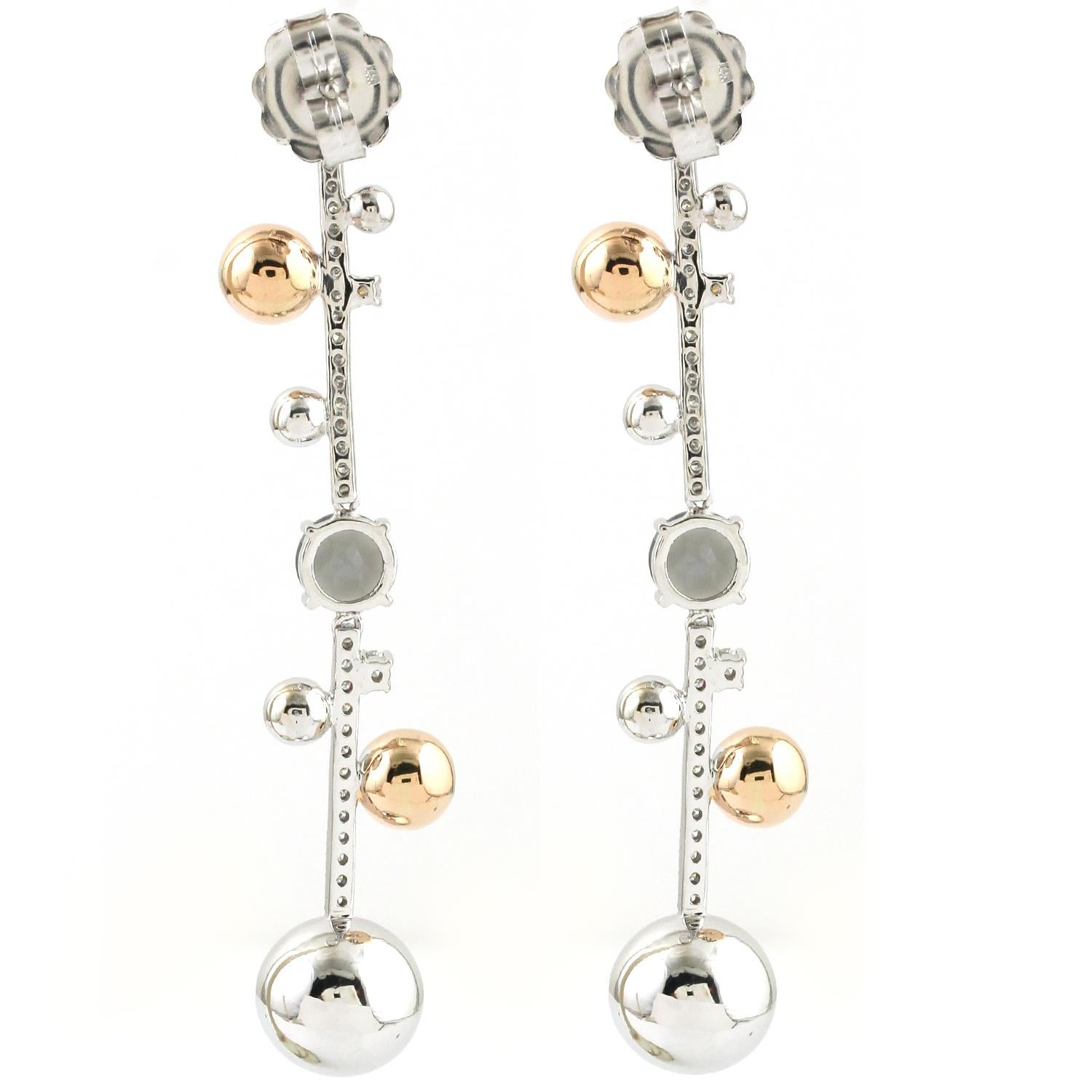 Artisan Moonstone & Diamond Dangle Earrings Made In 14k White Gold For Sale
