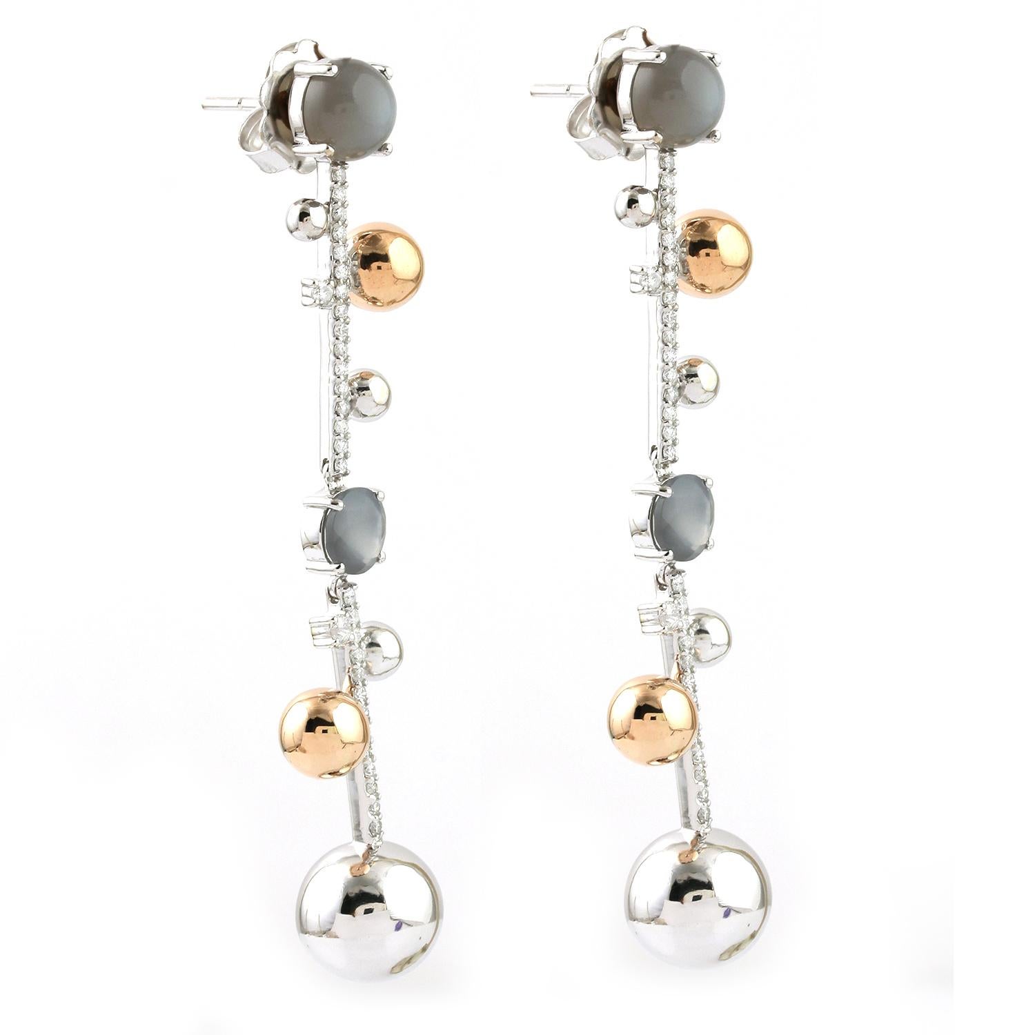 Mixed Cut Moonstone & Diamond Dangle Earrings Made In 14k White Gold For Sale