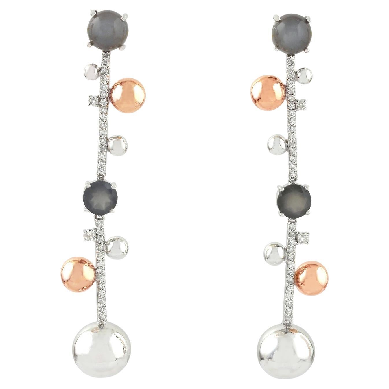 Moonstone & Diamond Dangle Earrings Made In 14k White Gold For Sale