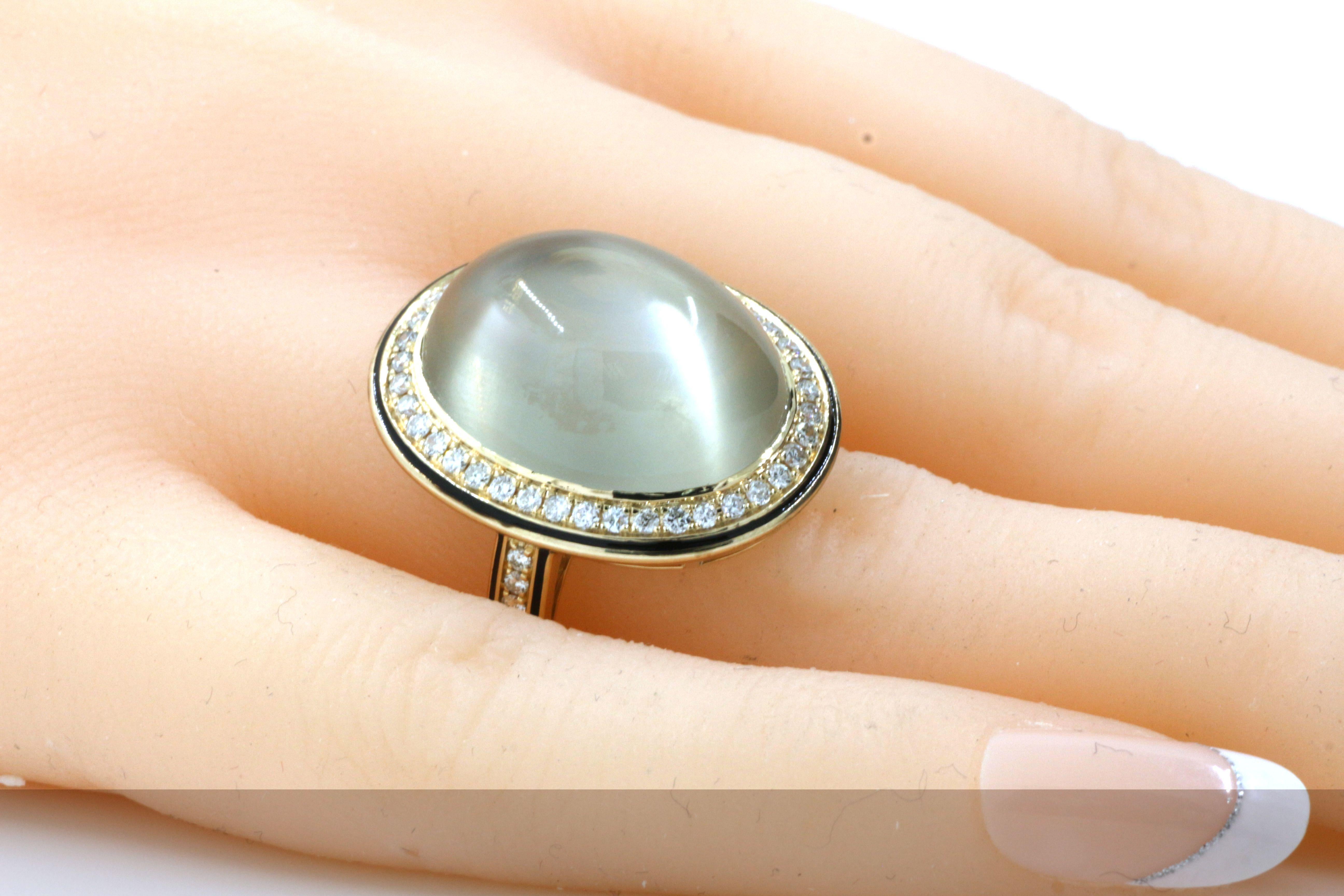Contemporary Moonstone Diamond Enamel Ring in 14 Karat Yellow Gold