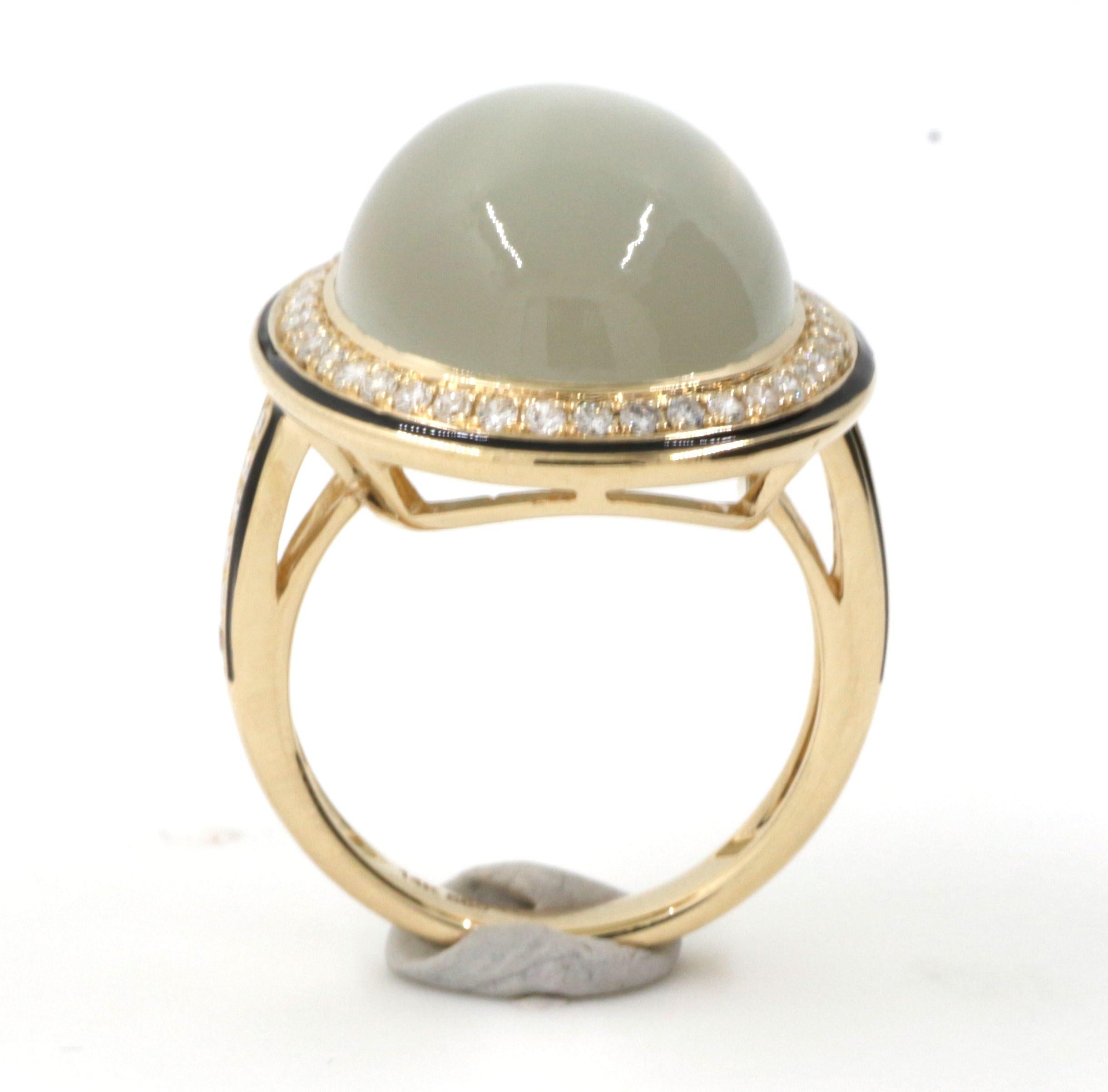 Cabochon Moonstone Diamond Enamel Ring in 14 Karat Yellow Gold