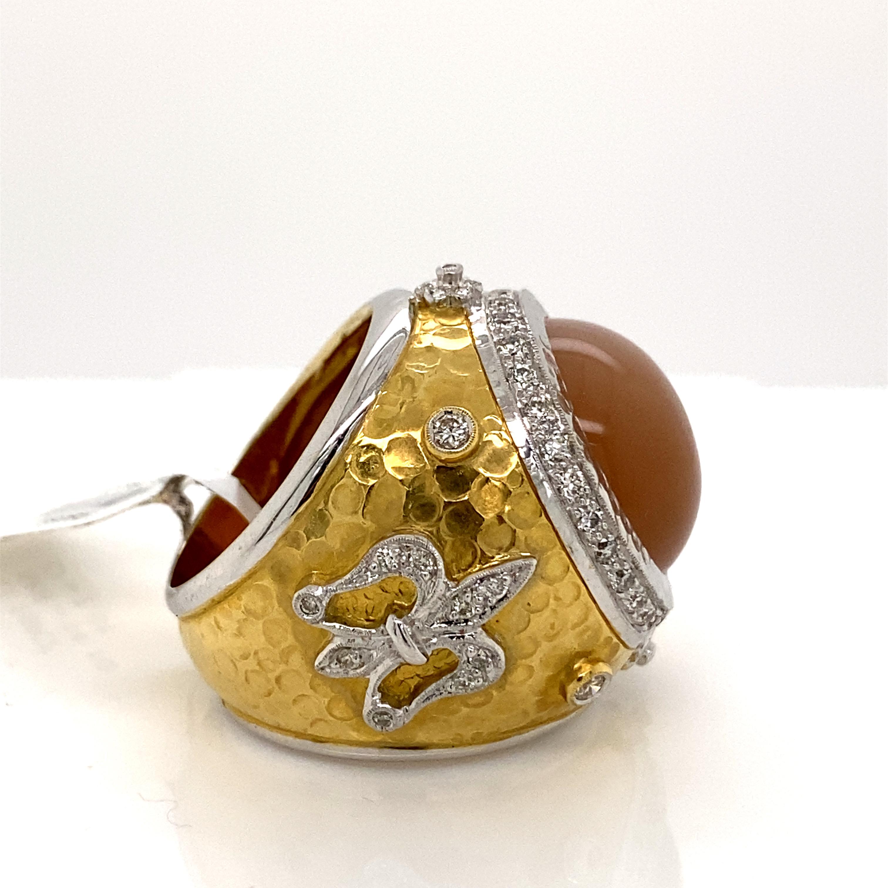 Cabochon Moonstone & Diamond Fleur-de-Lis Hammered Finished Ring 18k Yellow & White Gold