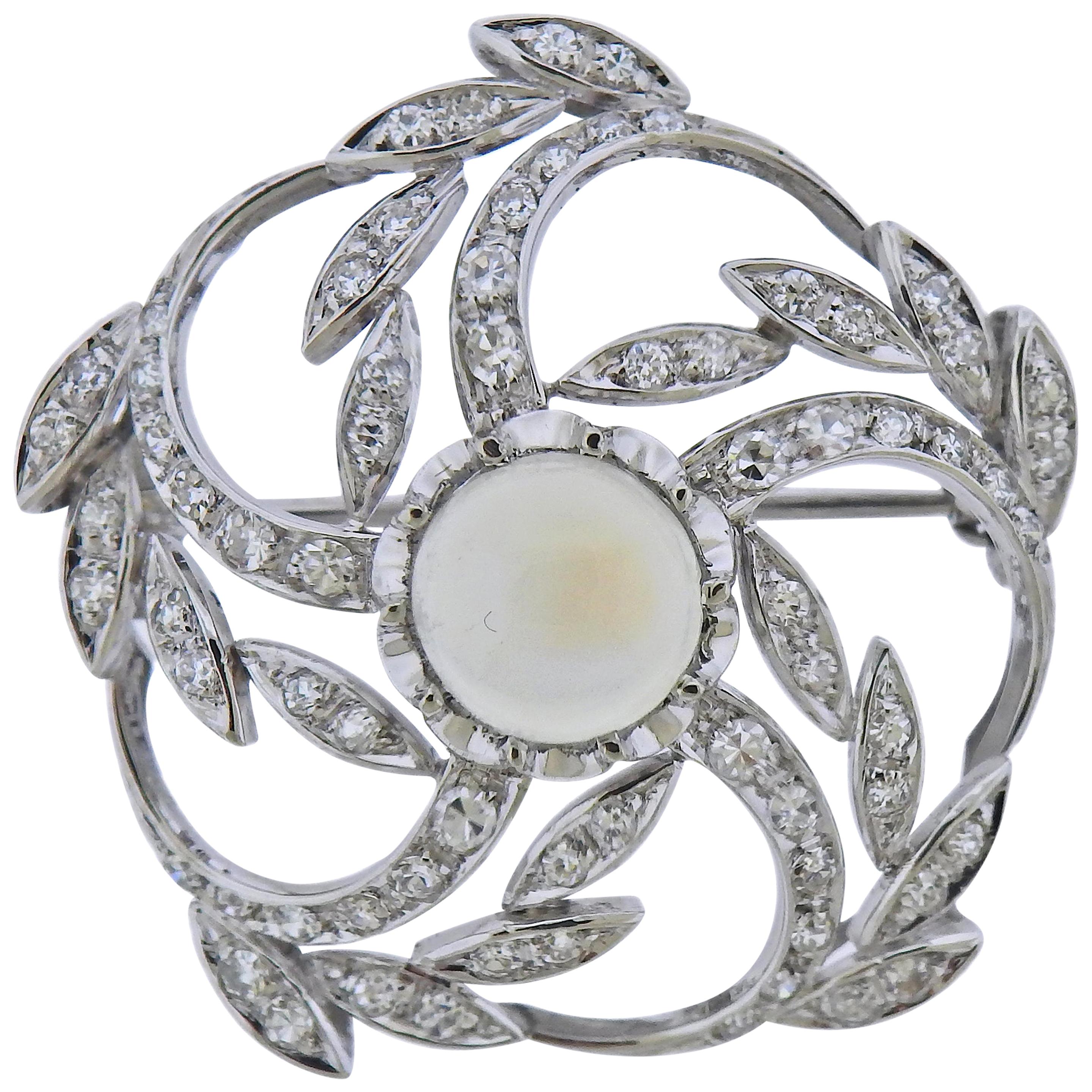 Moonstone Diamond Gold Brooch Pin For Sale