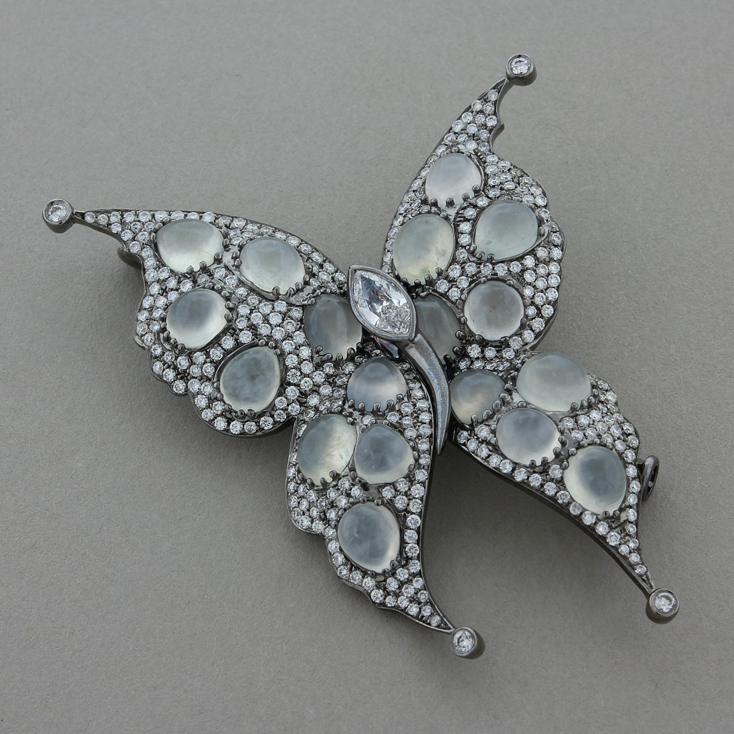 Moonstone Diamond Gold Butterfly Brooch In New Condition For Sale In Beverly Hills, CA