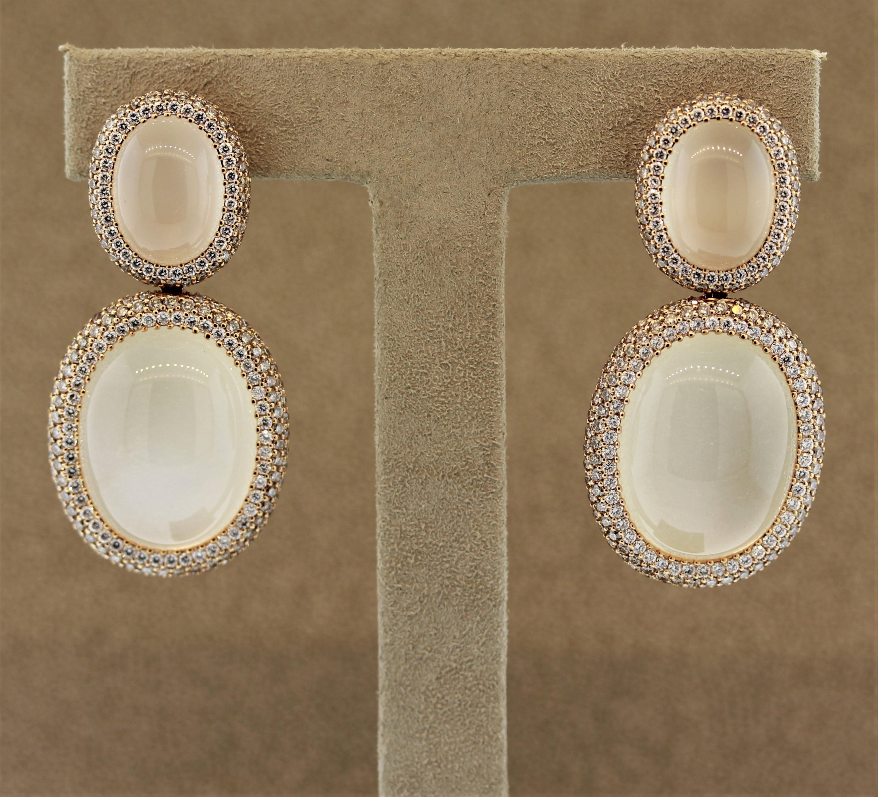 Oval Cut Moonstone Diamond Gold Drop Earrings For Sale