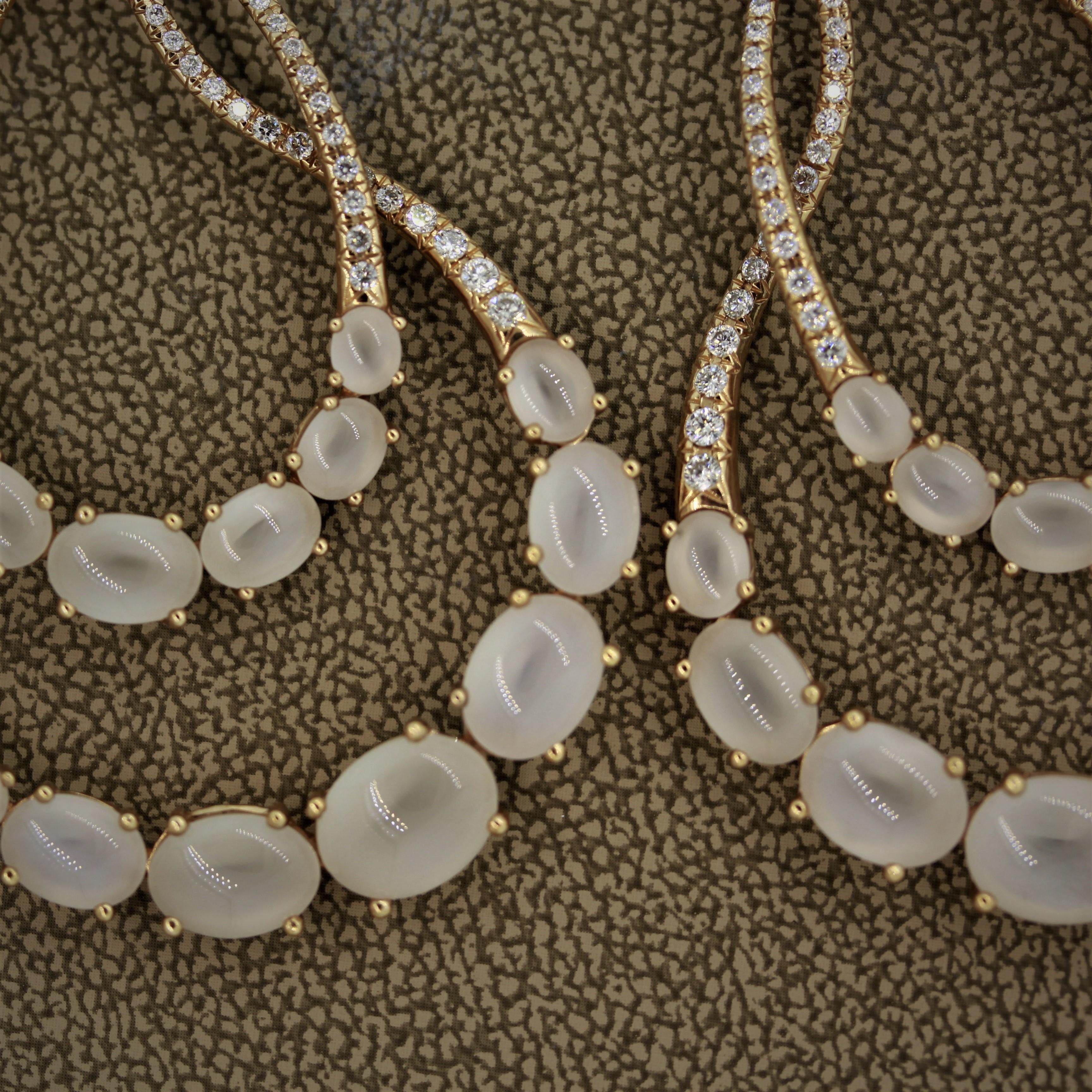 Women's Moonstone Diamond Gold Drop Earrings For Sale