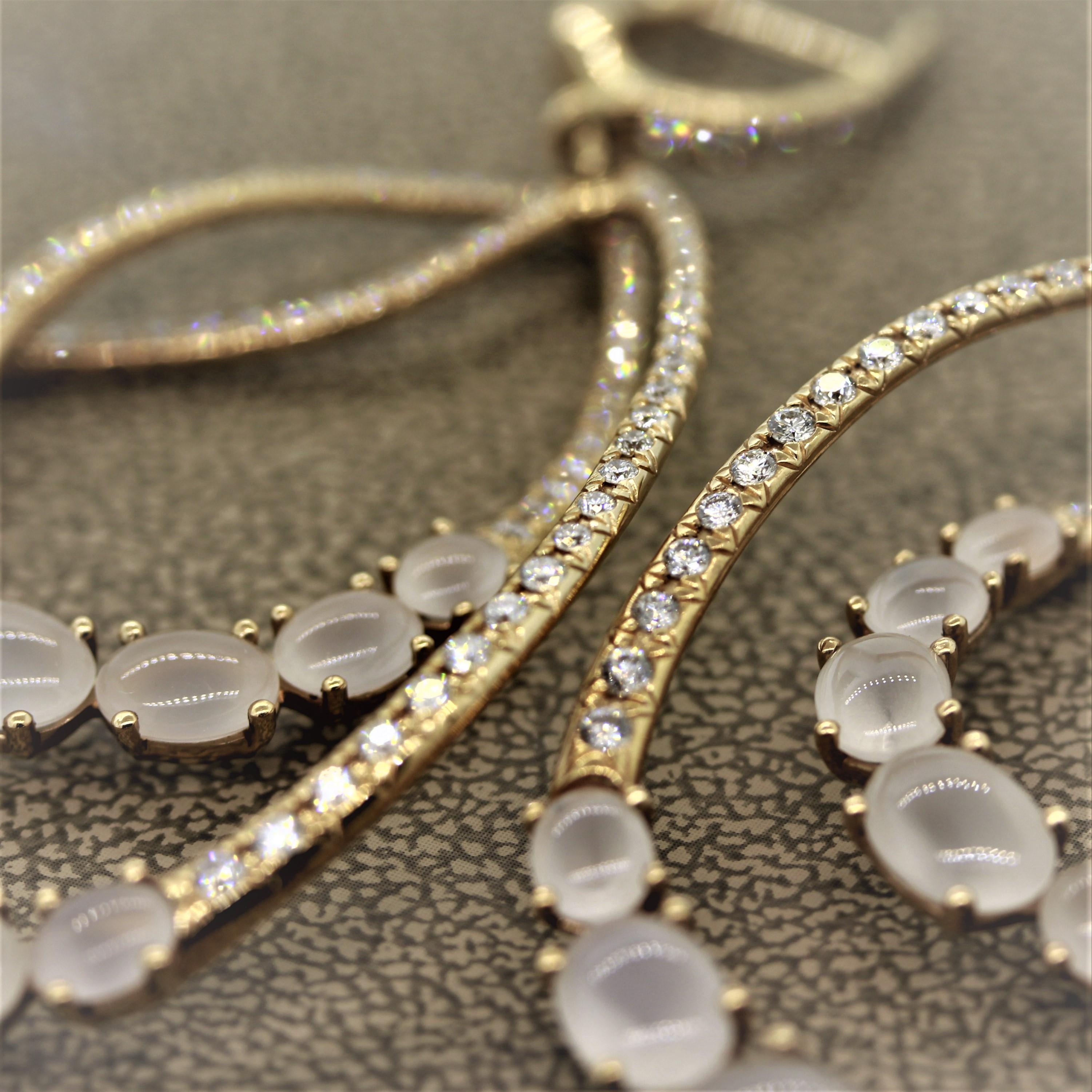 Moonstone Diamond Gold Drop Earrings For Sale 3