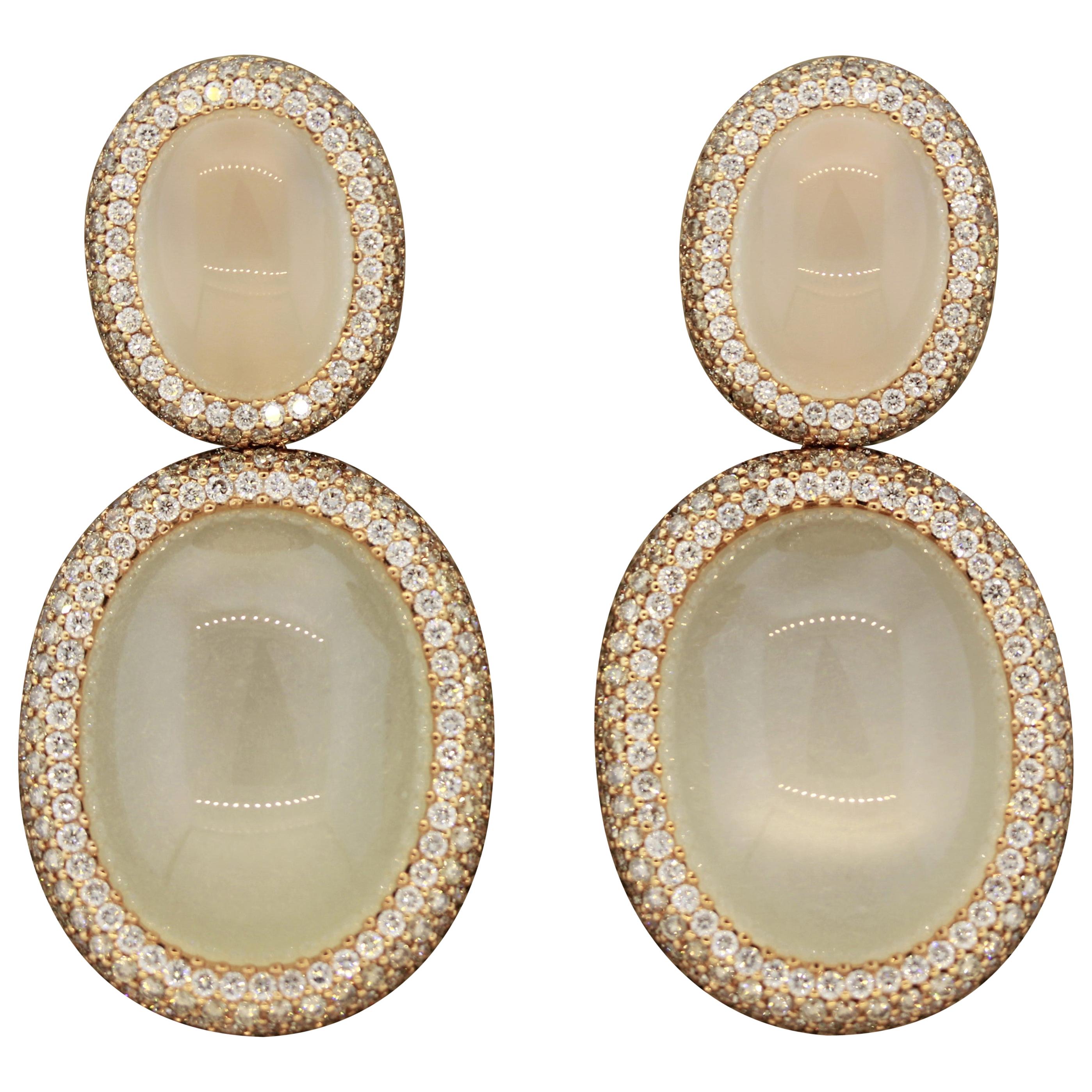 Moonstone Diamond Gold Drop Earrings For Sale