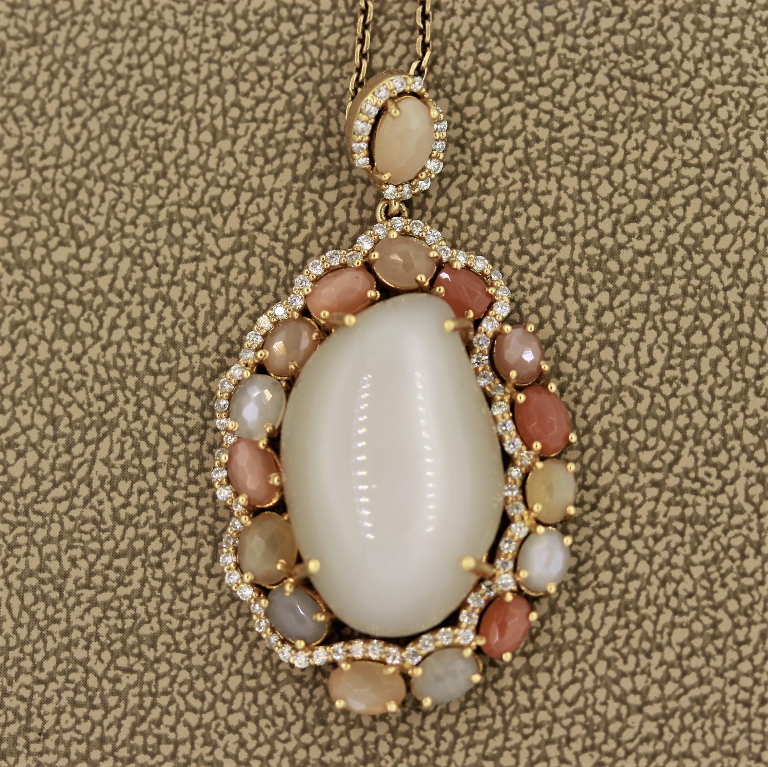 Oval Cut Moonstone Diamond Gold Pendant Necklace